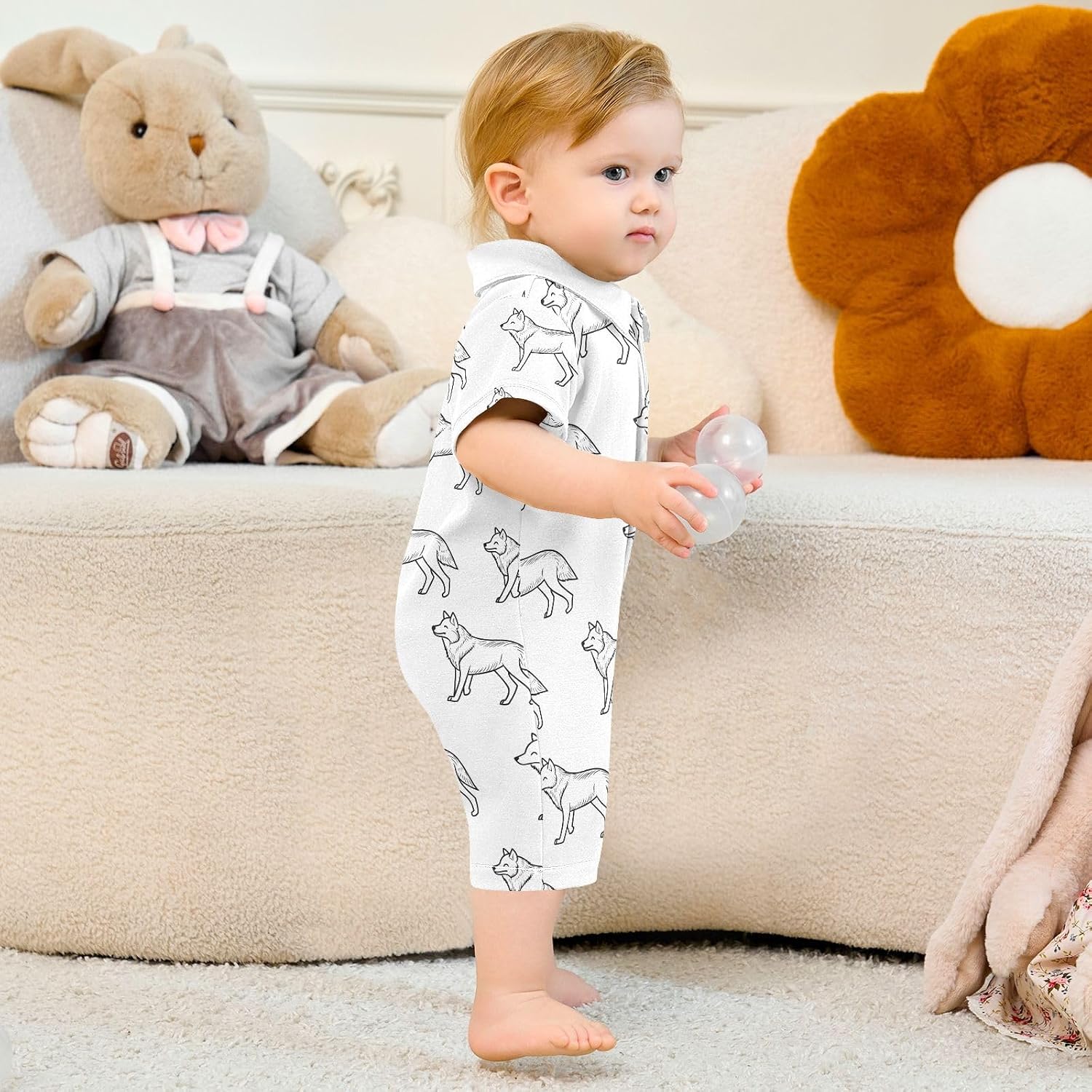 vvfelixl Cool Wolf Walking Baby Boy Polo Clothes,Short Sleeve Baby Bodysuit,Collared Polo Romper for 0-24 Months