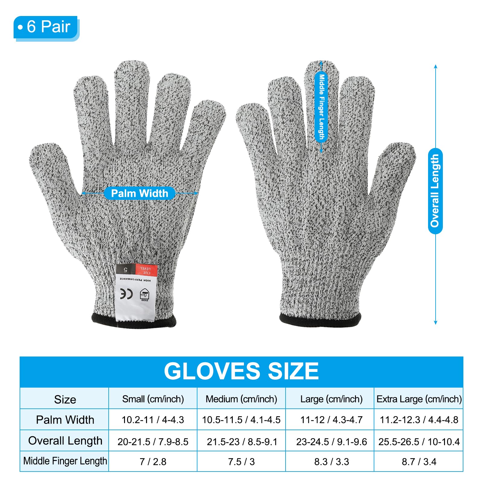 PATIKIL Cut Resistant Gloves, 6 Pair Level 5 Protection, Large, Gray - Image 2