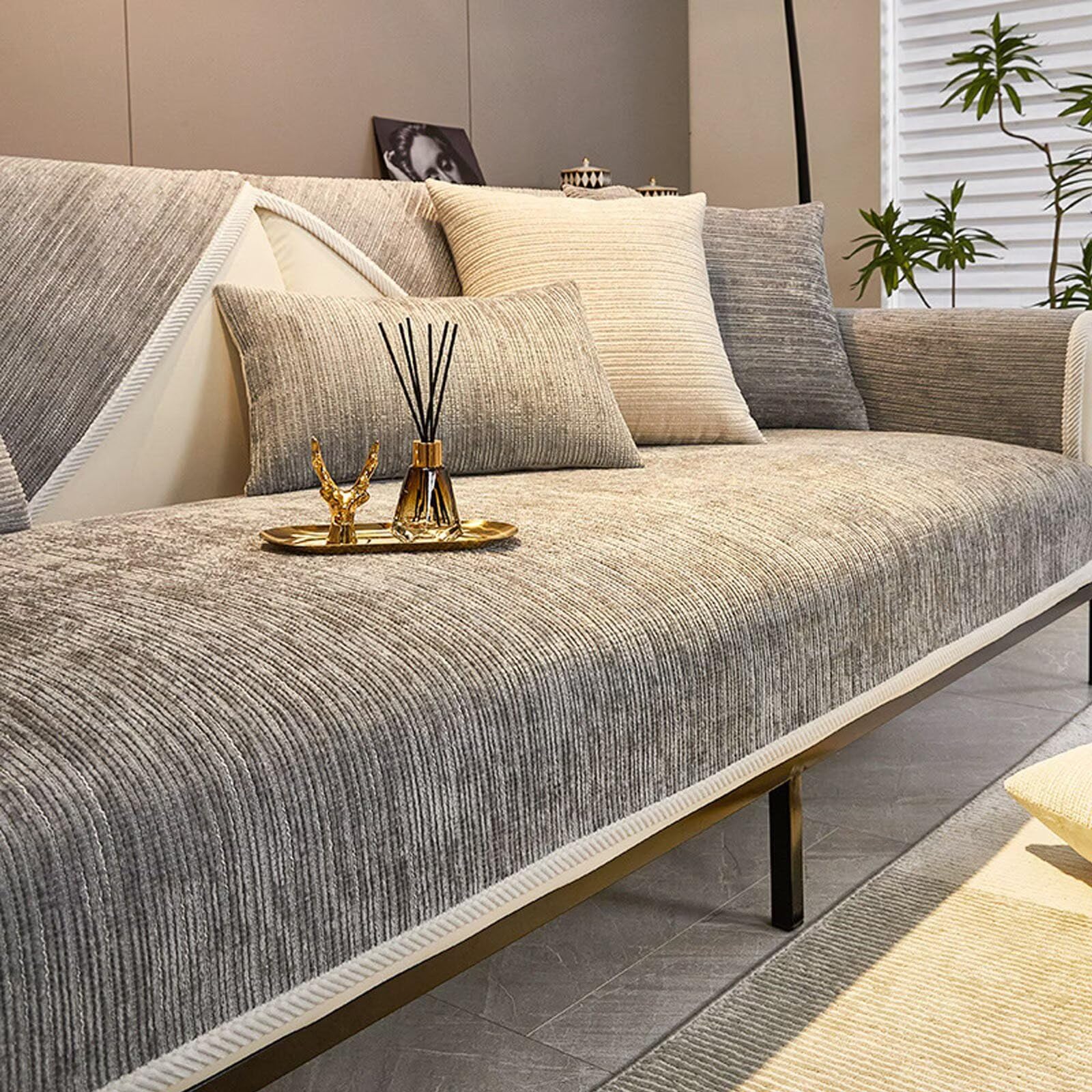 BohrenCL Sofa Covers Washable, Universal Non-Slip Couch Covers, Sofa Cover 1 2 3 Seater, Sofa Slipcovers L Shape Furniture Protector, Sofa Throw for Living Room, Light Gray, 90x210cm