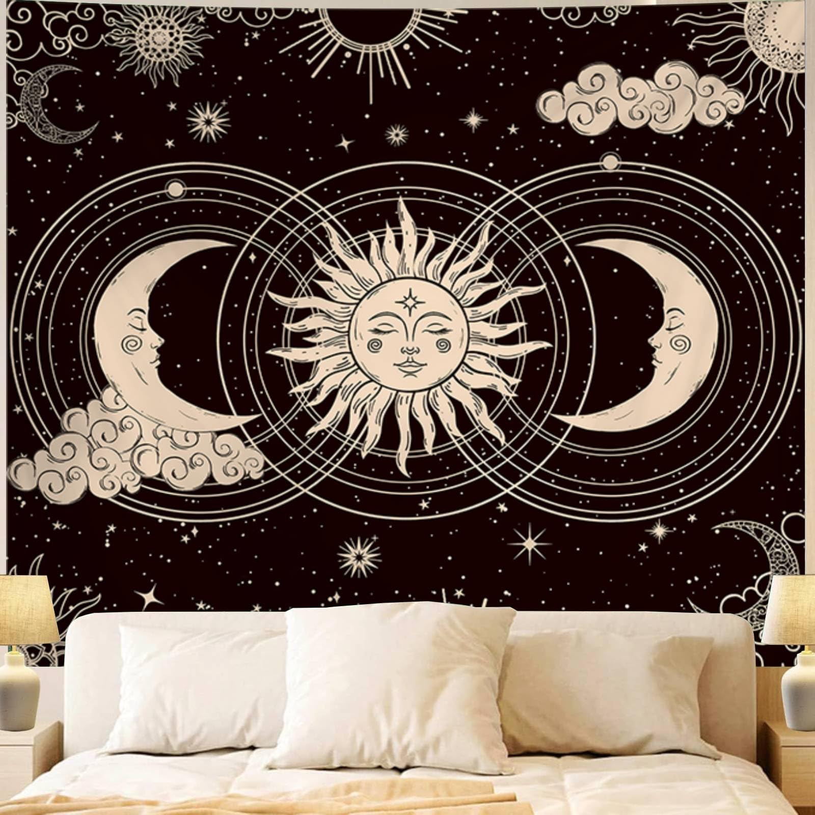 Black Tapestry Sun and Moon Tapestries for Bedroom Aesthetic, Dark Boho Celestial Wall Decor, Starry Night Witchy Wall Decor Blanket for Living Room