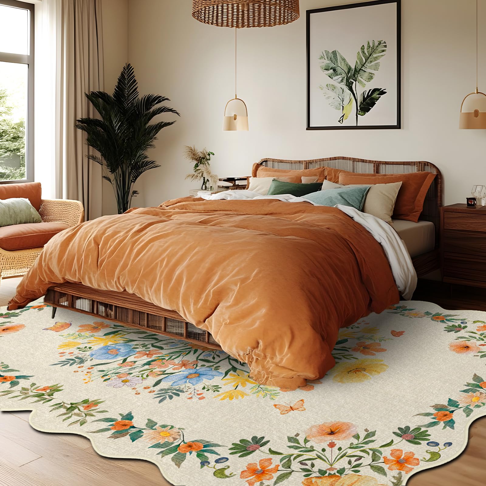 Tapis bohème, lavable, 200 x 300 cm, grand tapis de salon, à poils courts, design vintage oriental, doux, antidérapant, pour chambre à coucher, salle à manger, cuisine, bord ondulé, beige