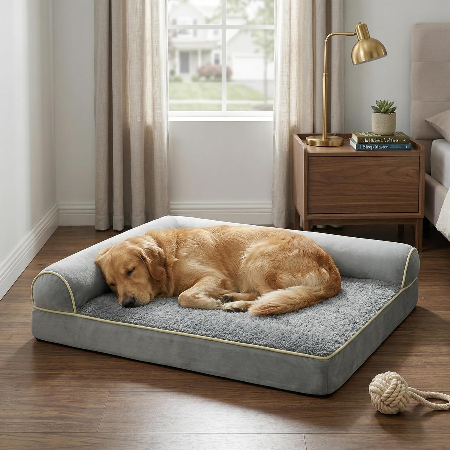Orthopedic Dog Bed for Large Dogs 40 x 24Inch, L Shaped Memory Foam Pet Bed with Sides, Comfortable Dog Couch with Removable Washable Arctic Velvet Cover & Non-Slip Bottom, Gray
