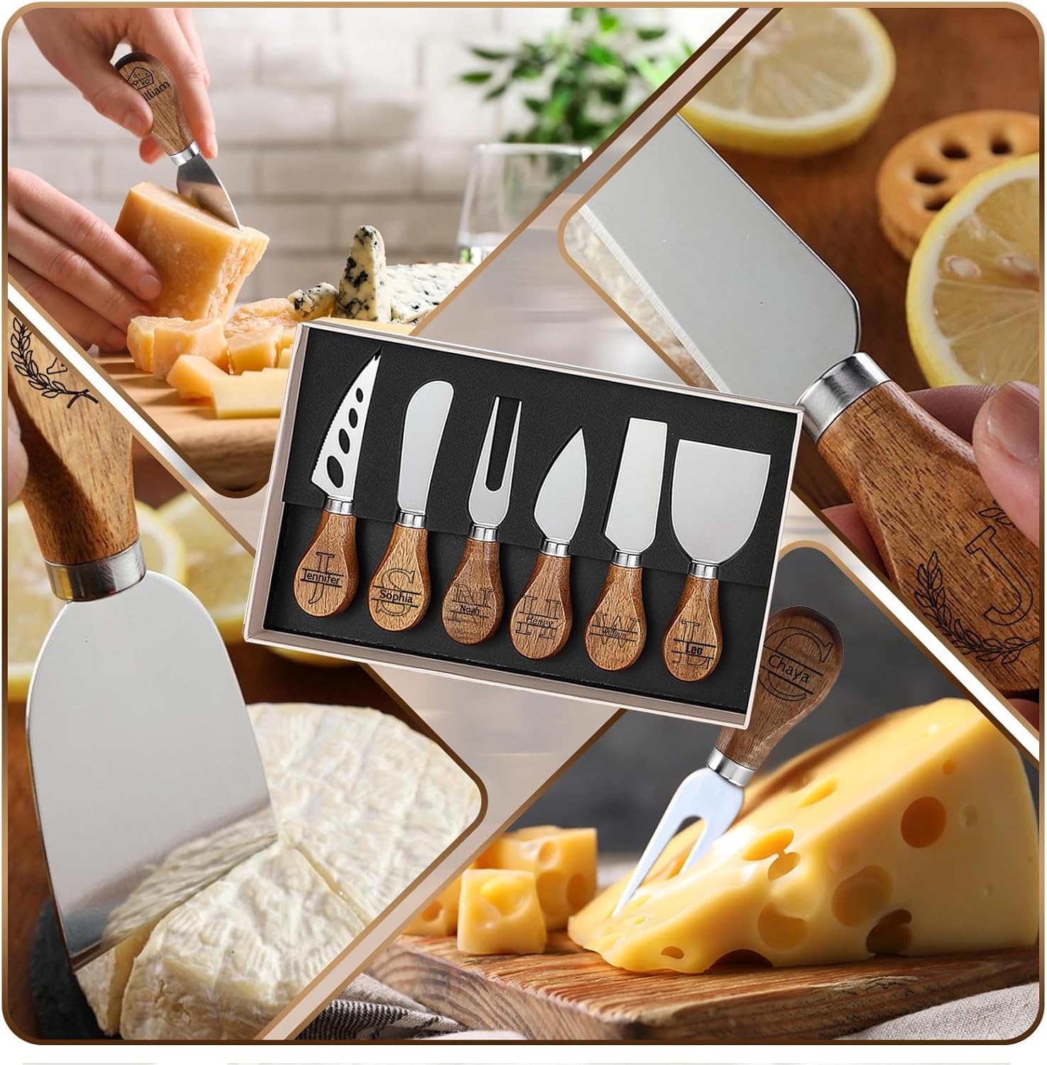 Personalized Cheese Knife Set Custom Engraved Cheese Knives Tool Set with Acacia Wood Handles - Mini Spreader, Fork, Butter Cutter, Slicer, Charcuterie Board Knives & Accessories