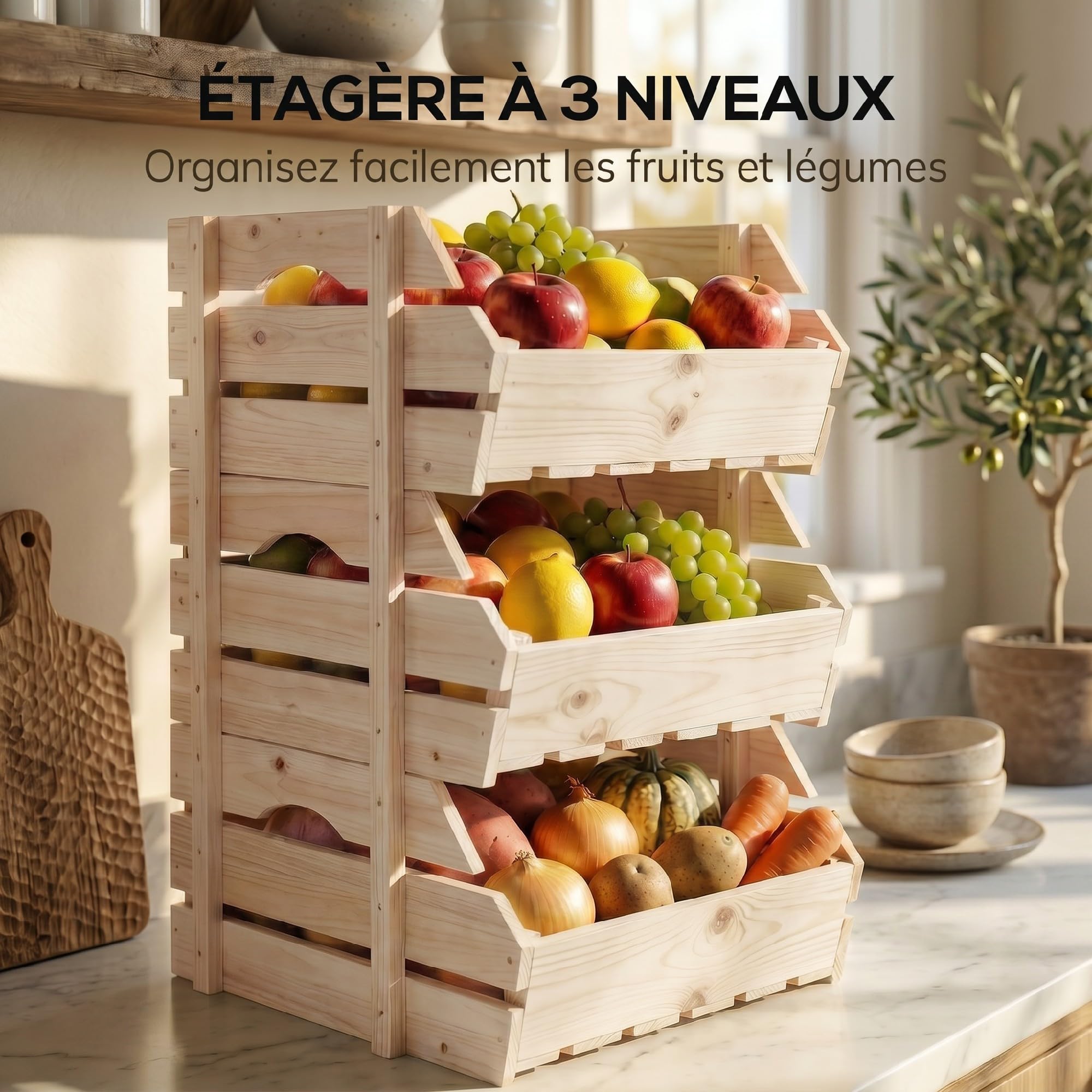 Outsunny Support de Corbeille à Fruits en Bois de Sapin à 3 Niveaux Amovibles, Panier de Rangement pour Légumes Facile à Déplacer, 27x37,5x60cm, Naturel