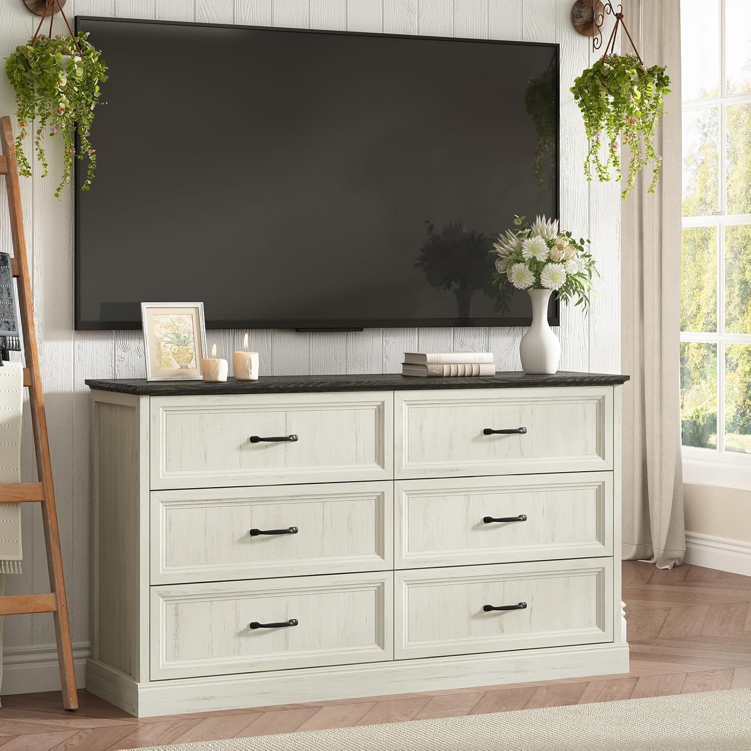 Farmhouse 6 Drawer Dresser for Bedroom, 55 Inch Wide Modern White Dresser TV Stand with Large Drawers & Bar Handles, Rustic Wood Chest of Drawers for Bedroom