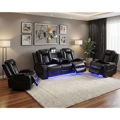 Power Recliner Sofa Set 3 Piece Breathing Leather Living Room Set 3 Seat Reclining Sofa and Two Chairs with LED, USB Port, Drop Down Table&Reading Light (Black)