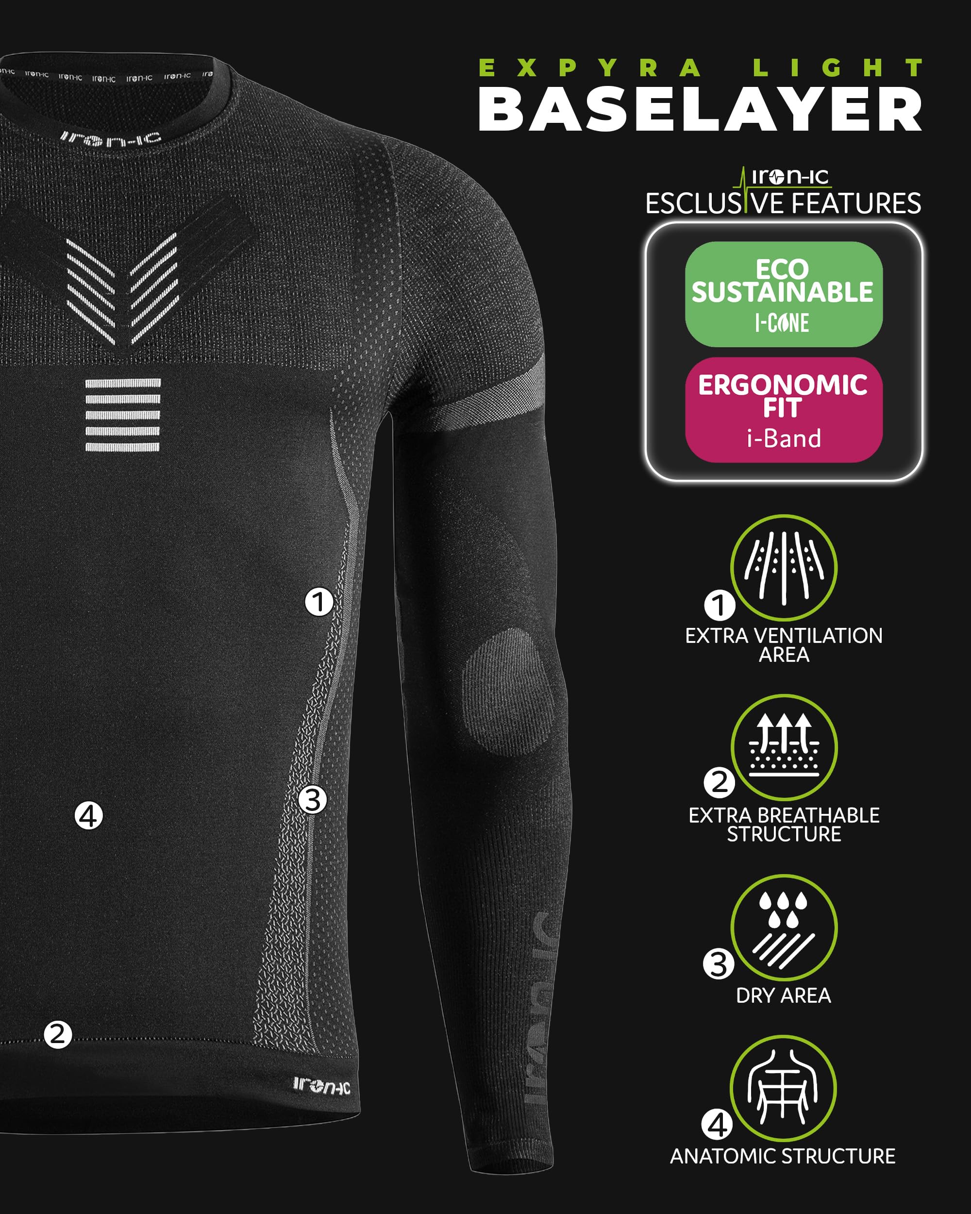 Iron-Ic - Camiseta térmica de manga larga para hombre sin costuras nivel 2, transpirable y antibacteriana, baselayer técnico para entrenamiento y al aire libre - Art. 201658