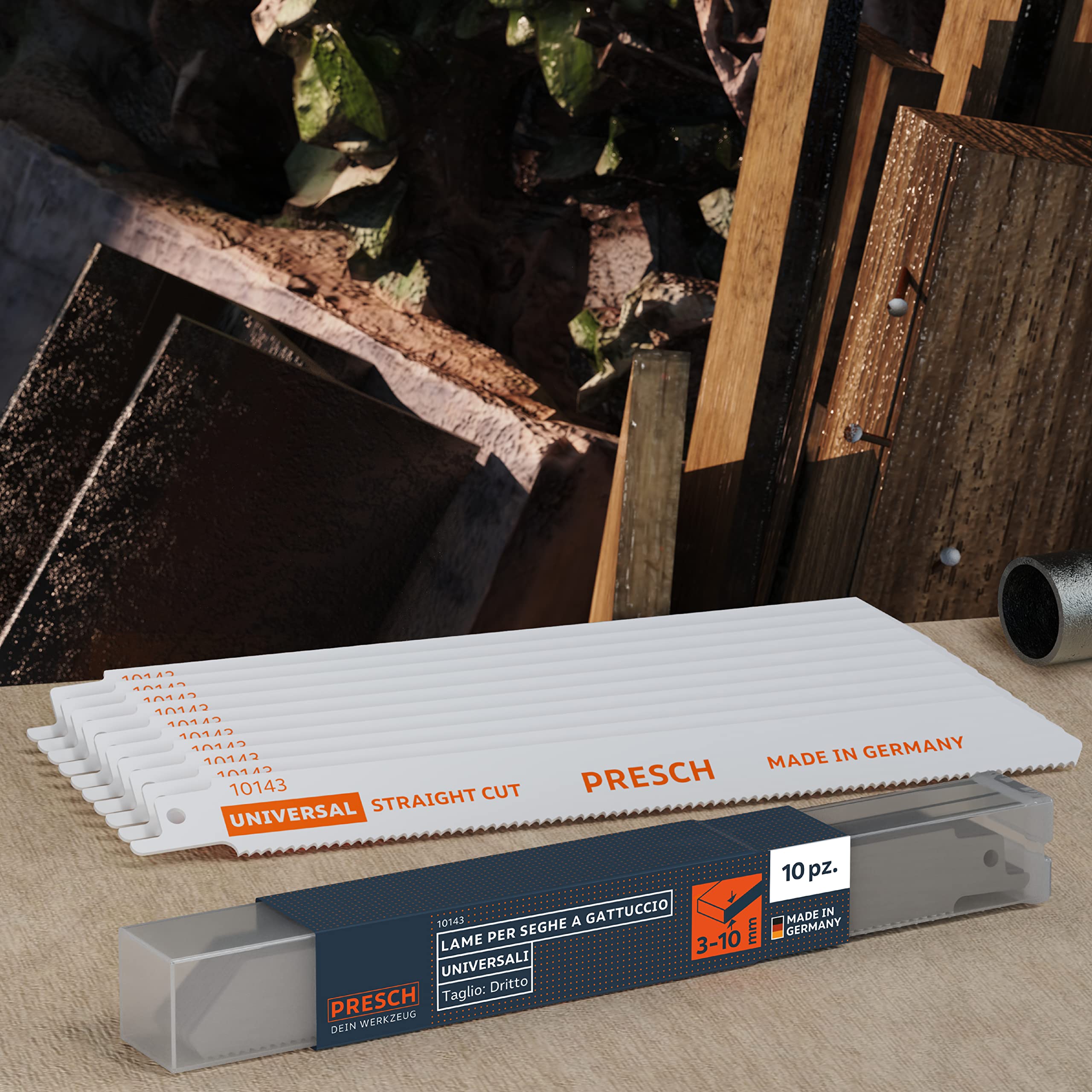Presch Lame gattuccio universali per legno e acciaio inox 210 mm 10 pz - 8% Lame al cobalto per metallo duro e legno - Set di lame gattuccio con scatola.