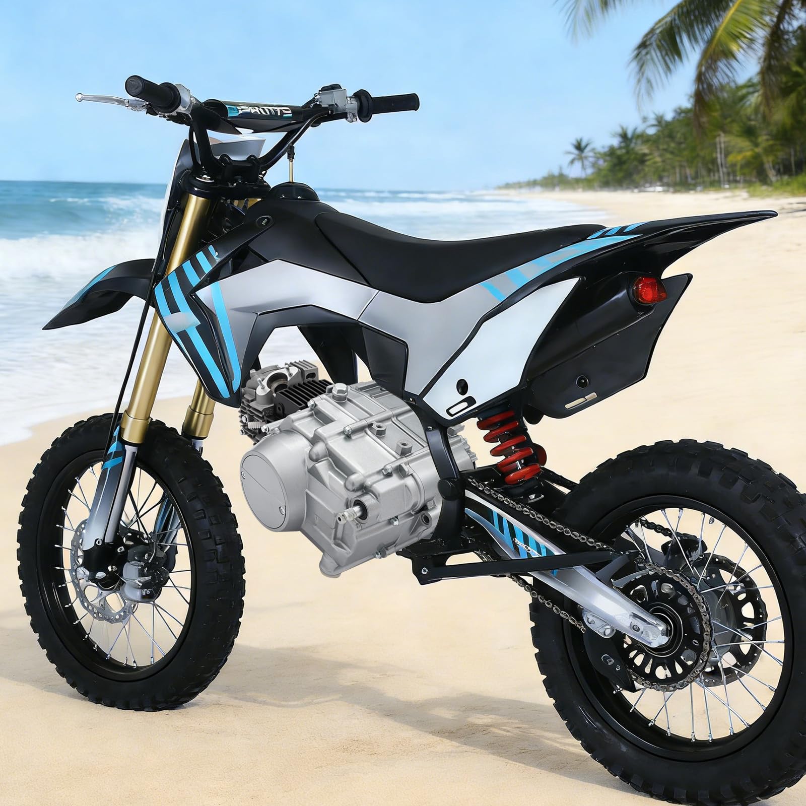 Silnik o pojemności 125 cm³ o mocy 6,5 kW, silnik benzynowy z 4-biegową skrzynią biegów, silnik czterosuwowy z rozrusznikiem nożnym, silnik motocrossowy 8,0 Nm, agregat napędowy o wytrzymałej