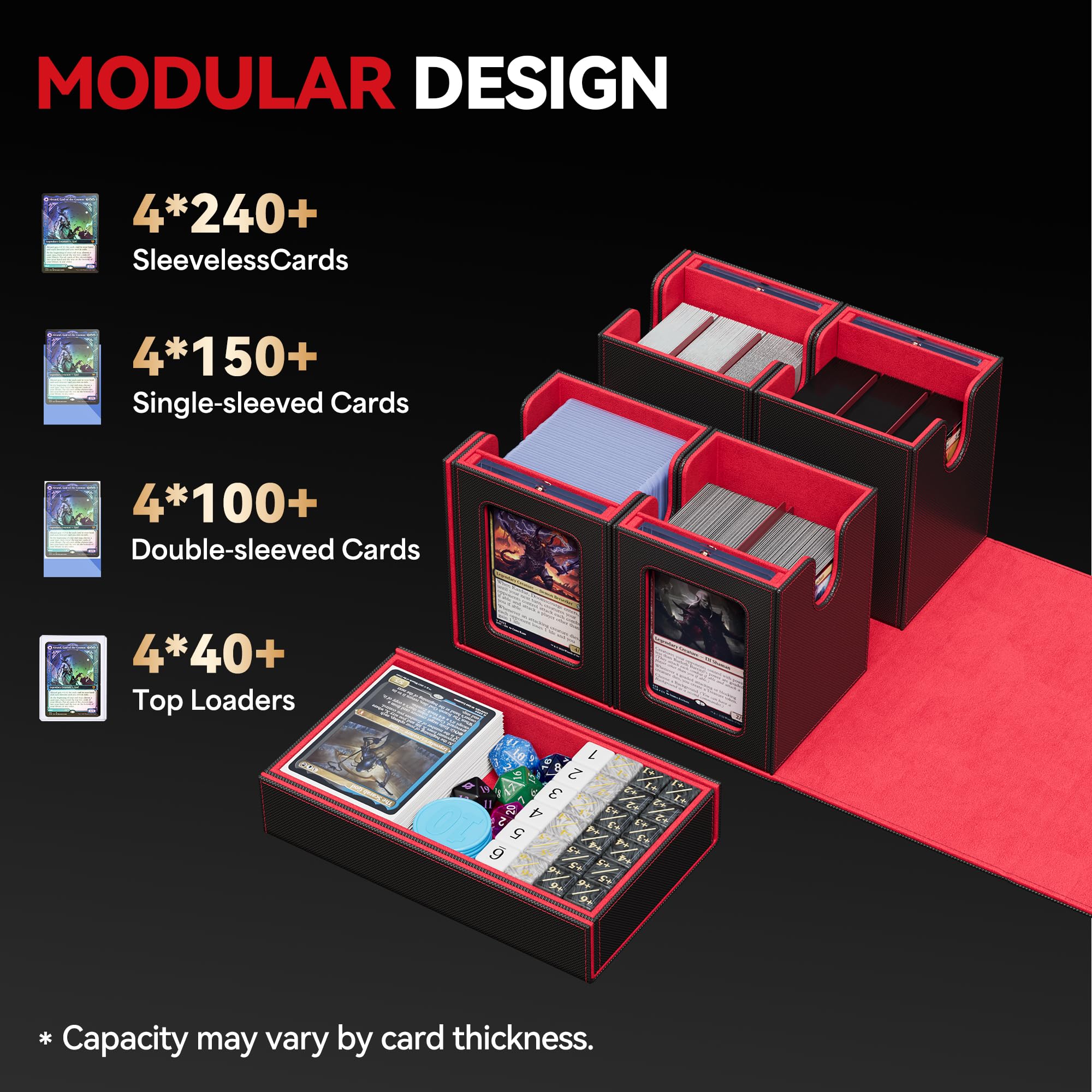 Scatola porta mazzi per MTG con display Commander, scatola per carte 5 in 1 adatta a oltre 400 carte con doppio sleeve, custodia rimovibile per TCG/carte sportive con vassoio per dadi, 4 porta carte