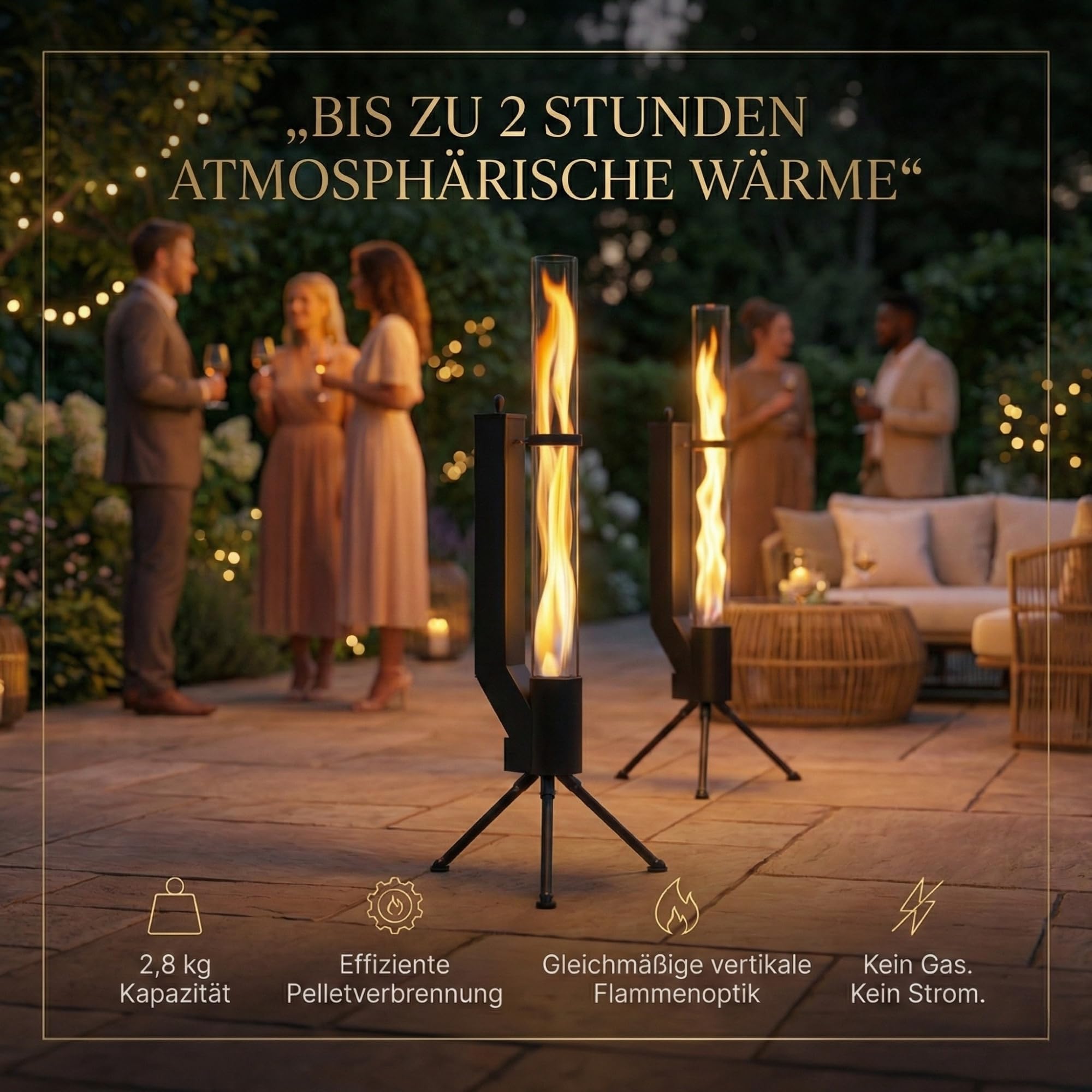 Albatros Torche à granulés de qualité supérieure - Noir - Poêle fusée pour le jardin - Avec tuyau de feu en verre - Chauffage de terrasse - Foyer d'extérieur sans électricité - Jusqu'à 2 heures de