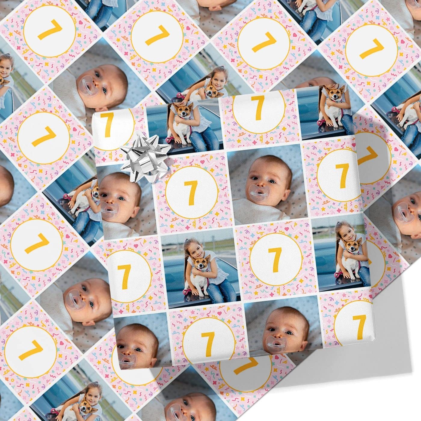 Birthday Photo Personalised Wrapping Paper- Add Your Own Photos & Any Age - Pink - 5M Roll