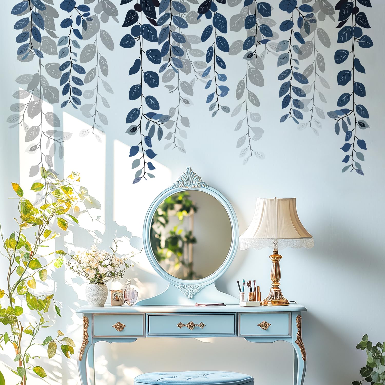 Blue Hanging String of Eucalyptus Wall Decals Peel and Stick, Large Plants Leaf Vinyl Wall Stickers, Removable Vine Home Decor Art for Bedroom Living Room Classroom Office