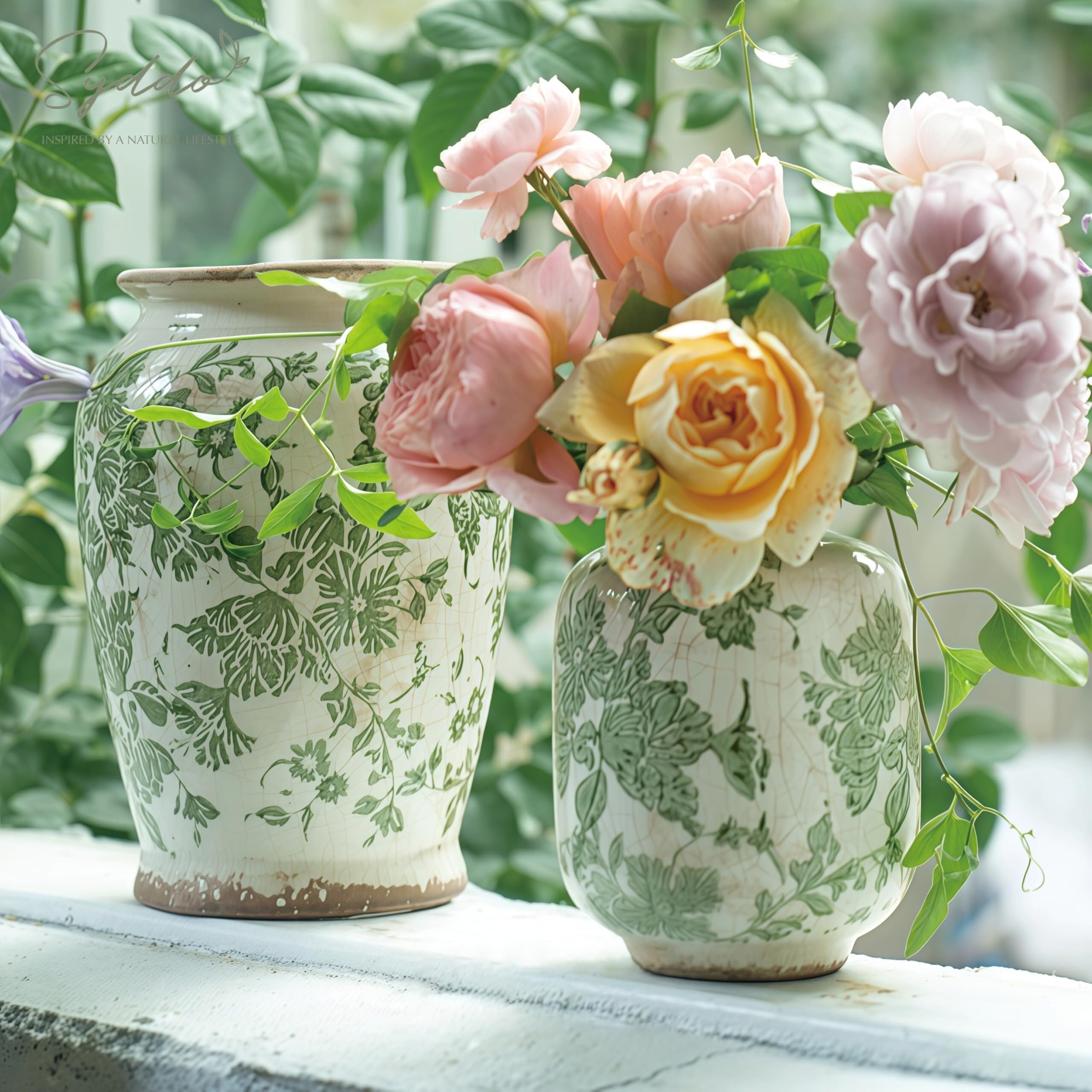 Vases à Fleurs Vase en céramique Vintage de 5, Pouces Style campagnard français Rustique avec glaçage craquelé Centres de Table(Green)