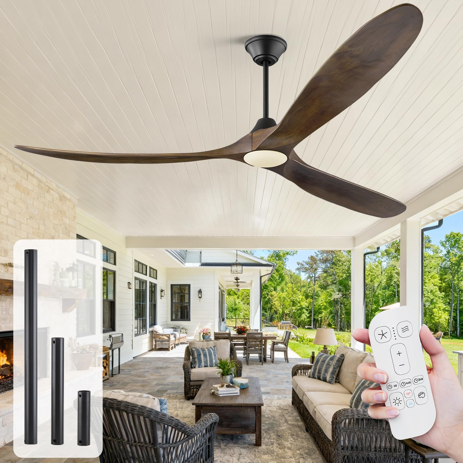 Ventilador de Techo de 178 cm con Luz y Control Remoto, 3 Aspas de Madera Maciza, Motor de CC reversible silencioso,Adecuado para dormitorios grandes, salas de estar, balcones y porches cubiertos