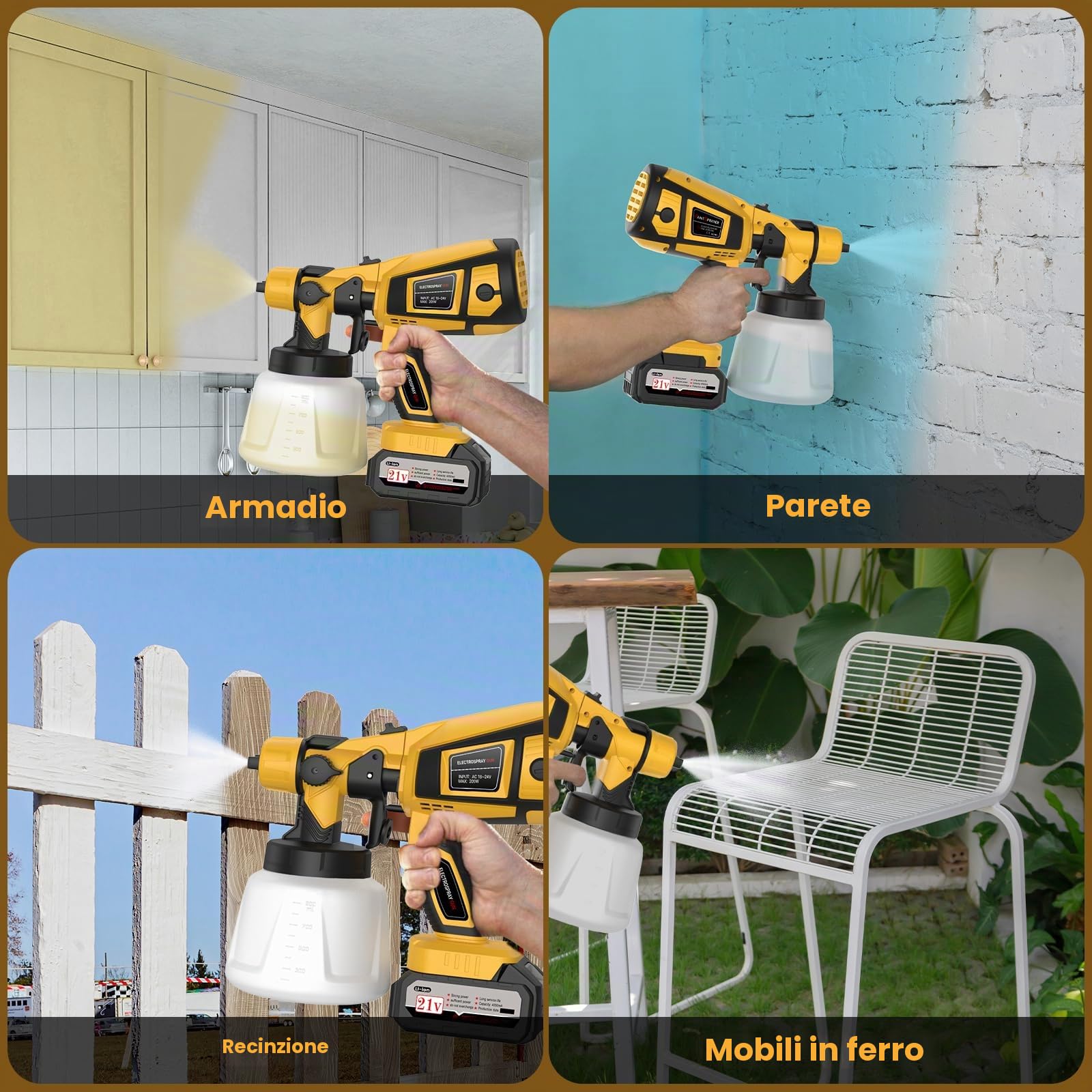 Pistola Vernice a Spruzzo, Verniciatore a Spruzzo a Batteria 2x4000mah, HVLP 650W Pistola Spruzzo Vernice con Serbatoio da 1200ML,6 Ugelli & 3 Modelli per Pareti, Mobili, Interni ed Esterni (Giallo)