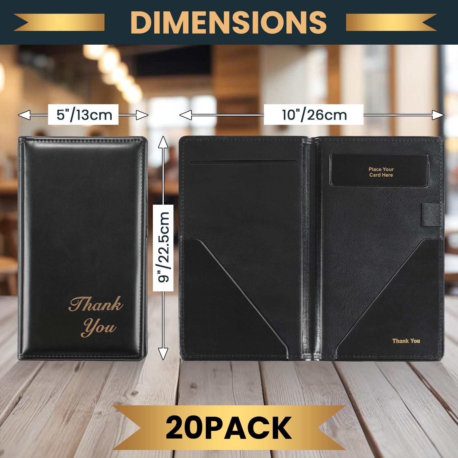 Presentadores de cheques de restaurante, presentadores de cheques de 9 x 5 pulgadas, soporte para tarjetas de invitados con impresión dorada de agradecimiento para restaurantes, restaurantes