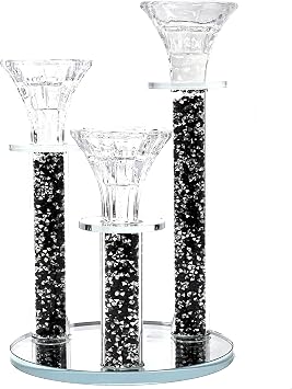 Allgala 9 Inch Tall 3-Pillar Filled with Diamond Like Stone Filled Crystal Candlesticks with Mirror Base-Black-HD89122