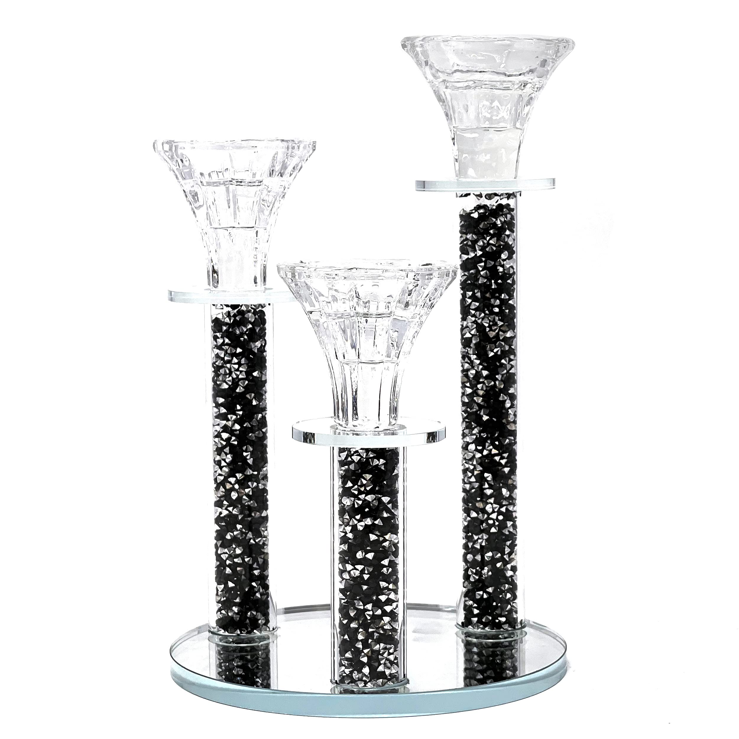 Allgala 9 Inch Tall 3-Pillar Filled with Diamond Like Stone Filled Crystal Candlesticks with Mirror Base-Black-HD89122