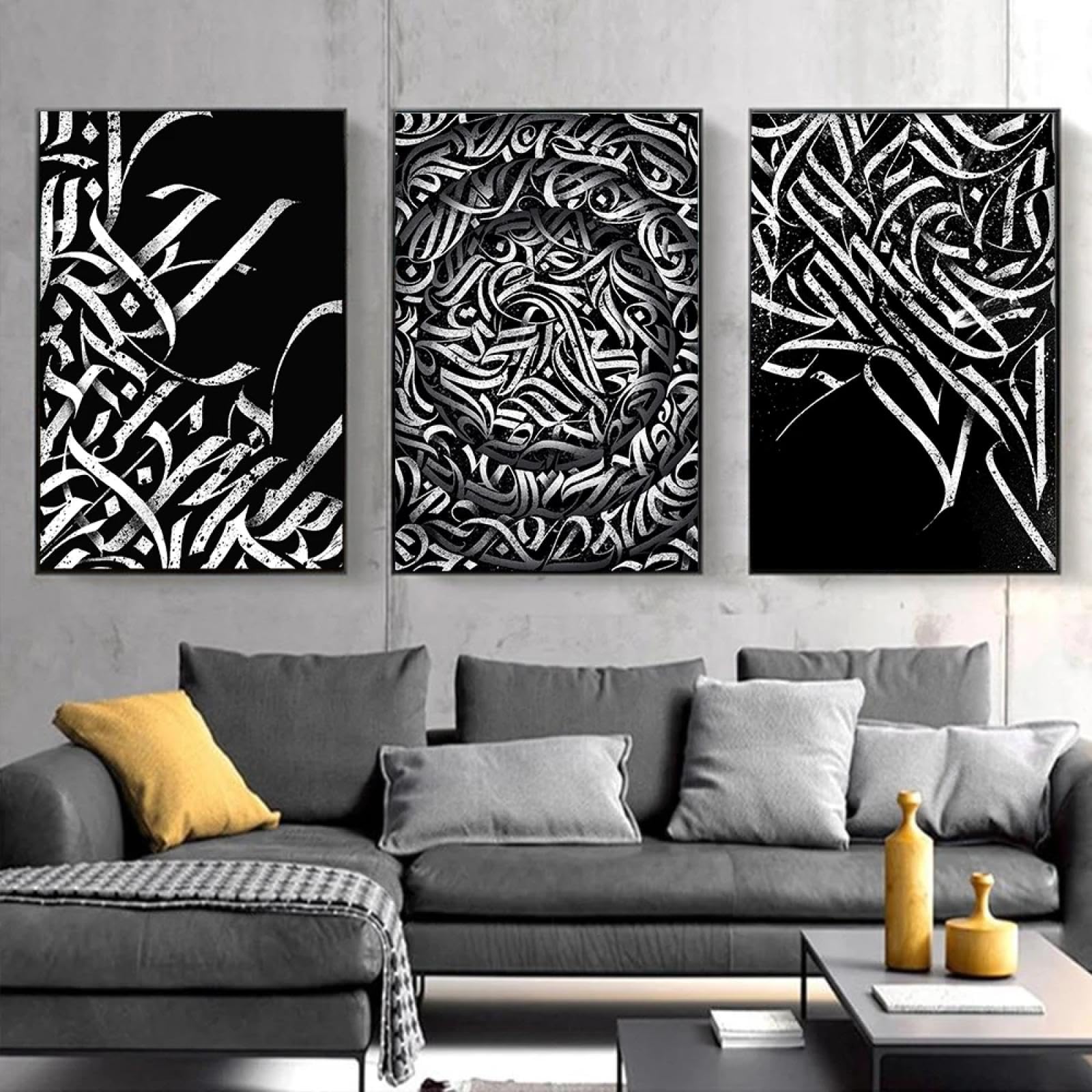 GOSRD Toile murale islamique, calligraphie noire et blanche, affiches musulmanes, décoration d'intérieur, 60 x 90 cm, 3 pièces, sans cadre
