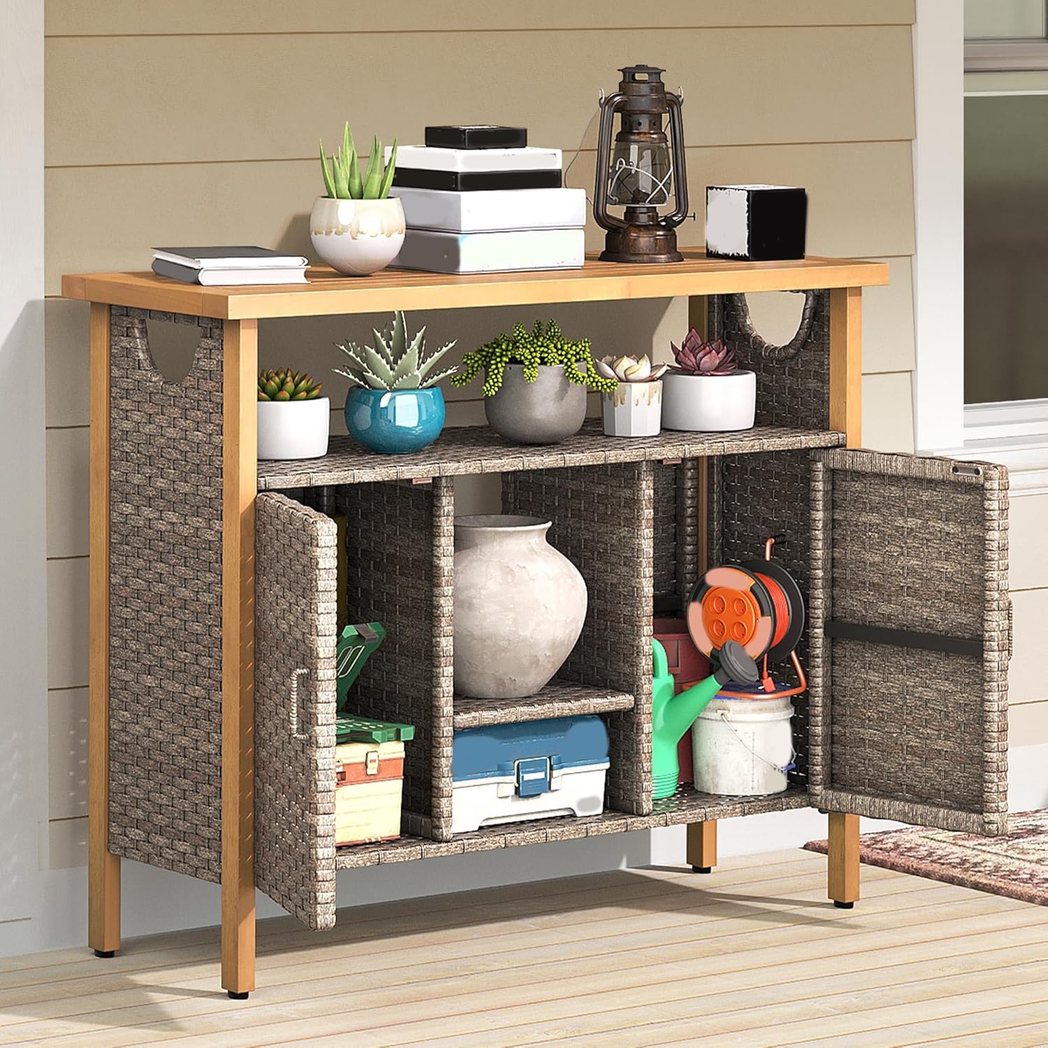 YITAHOME Large Outdoor Bar Table, Wicker Outdoor Storage Cabinet with Adjustable Shelves, All-Weather Patio Sideboard for Yard, Garden, Kitchen (Brown)