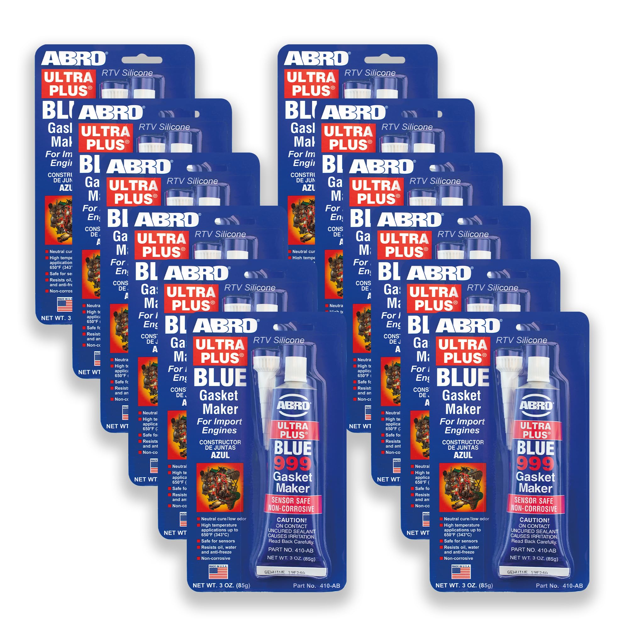 ABRO Ultra Plus 999 RTV Gasket Maker 650°F, Sensor Safe, 3 oz-Blue, 12 Pk