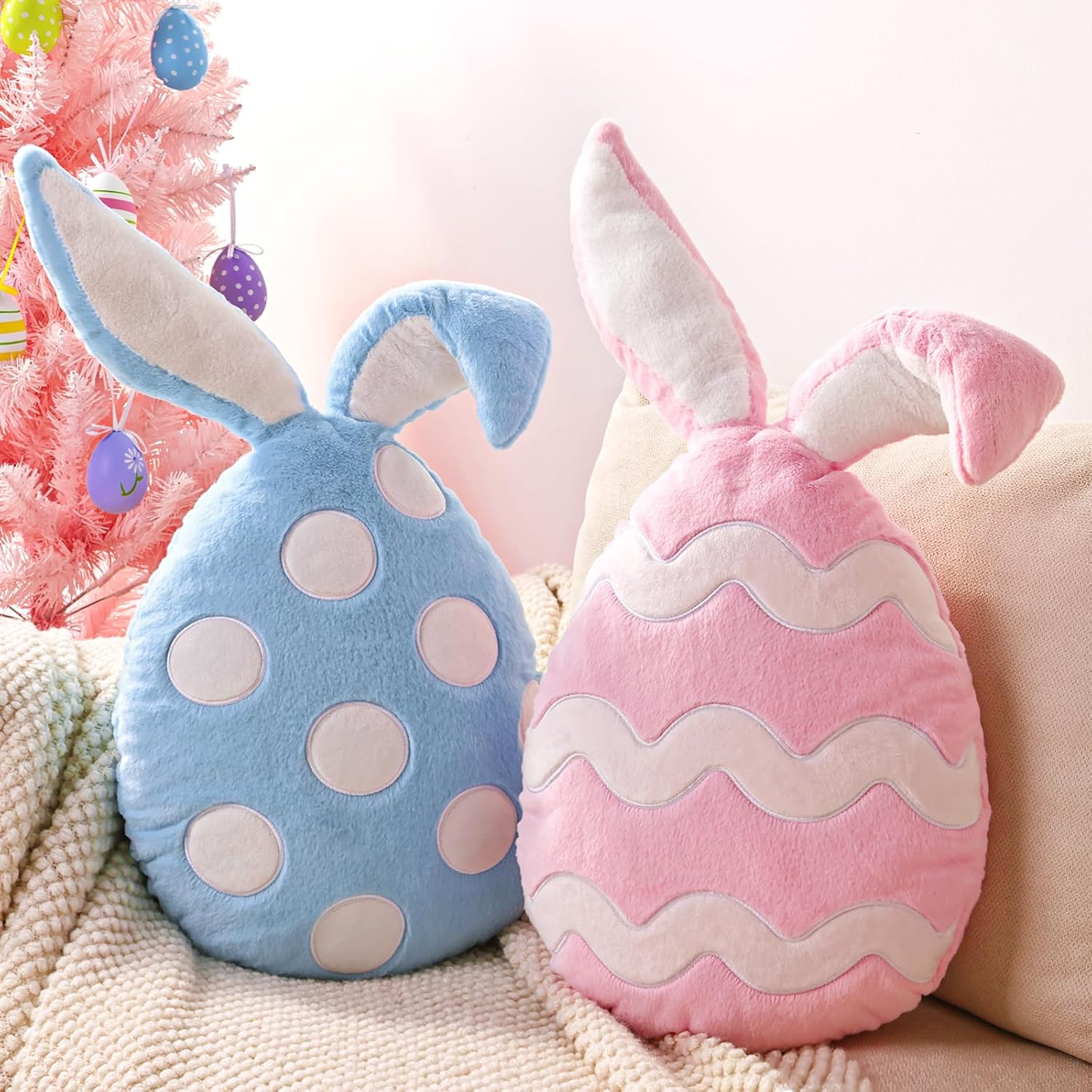 Easter Bunny Throw Pillows 2pcs:Ultra Soft Velvet Easter Pillows with Bunny Ears, Cute Rabbit Eggs Shaped Cushions Easter Throw Pillows, Spring Decorations for Home, Bedroom, Living Room, Sofa Couch
