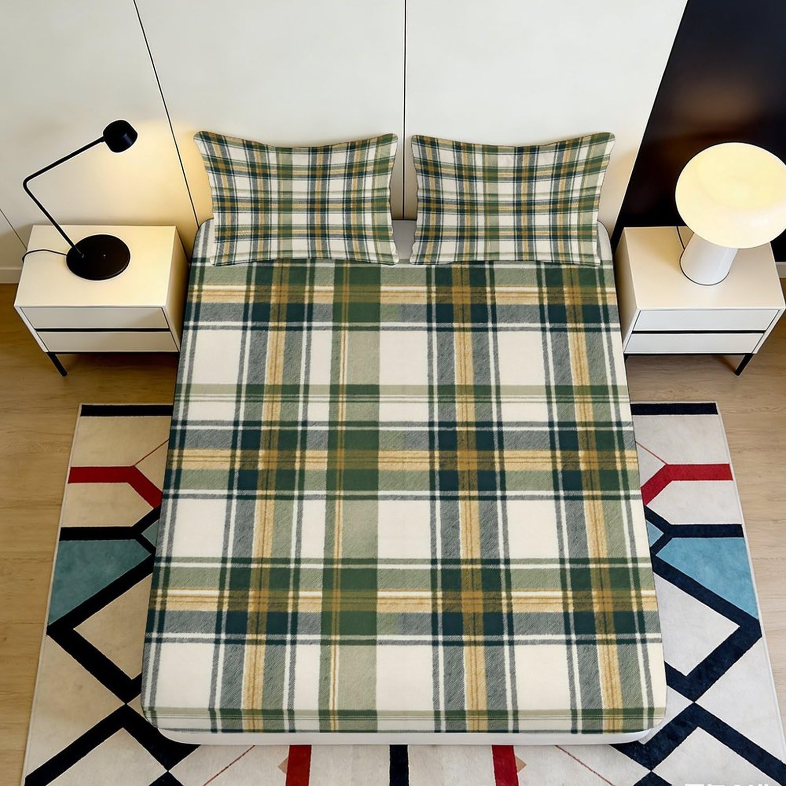 3D Printed Green Plaid Fitted Sheet Microfiber Soft Breathable Yellow Checked Mattress Cover for Bedroom Dorm Mattress Protection Decor 120x200x25cm
