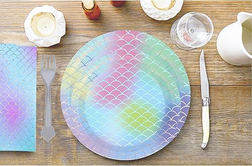 Miniatura 6 de Suministros de platos de fiesta de sirena, 97 piezas, decoraciones de vajilla de sirena para niñas, cumpleaños, baby shower, desechables, cena,