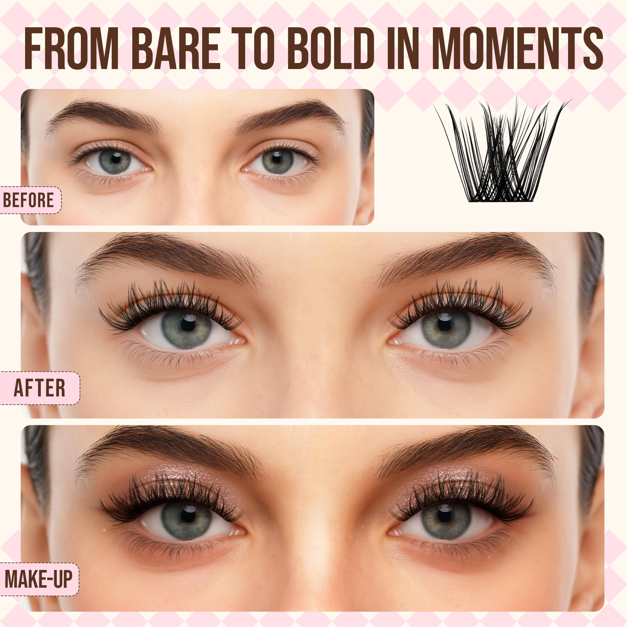 LASHVIEW Cluster Lashes 120Pcs D Curl Lash Clusters Natural Fluffy and Wispy Lashes Individual Cluster Super Thin Band Individual Eyelashes Soft and Comfortable for All Day (S07) - Image 2