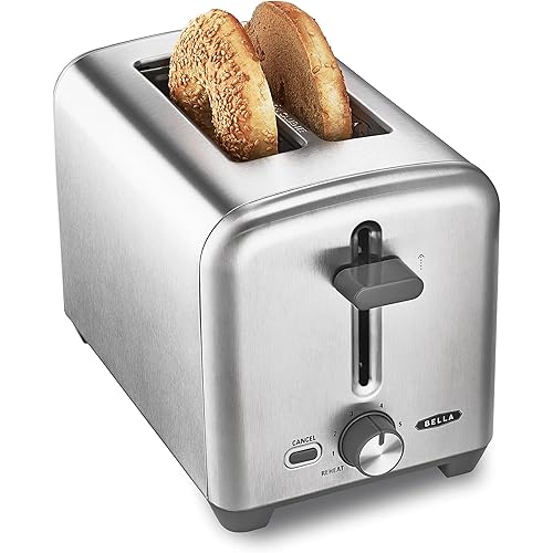 bella Stainless Steel 2 Slice Toaster with Extra Wide Slots & Removable Crumb Tray - 6 Browning Options, Auto Shut Off & Reheat Function - Toast Bread, Bagel & Waffle