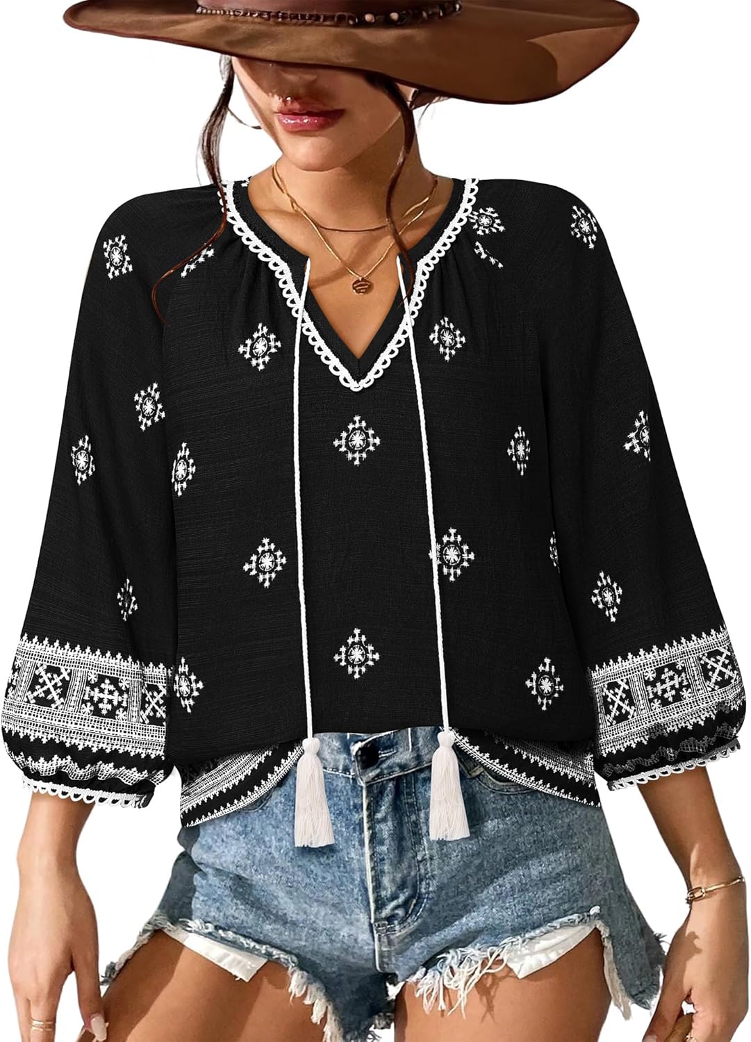 Vivilli Womens Boho Tops Casual V Neck 3/4 Sleeve Blouses Floral Print Shirt Tie Front Flowy Vacation Clothes - Image 5