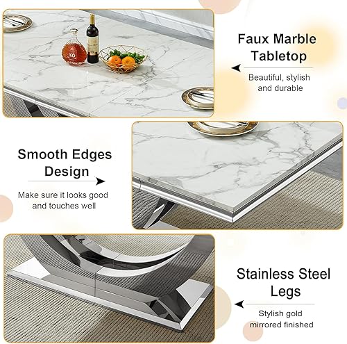 Miniatura 4 de Juego de mesa de comedor de mármol de 9 piezas para mesa de comedor grande de mármol blanco de 8 y 94 pulgadas con base de acero inoxidable en forma