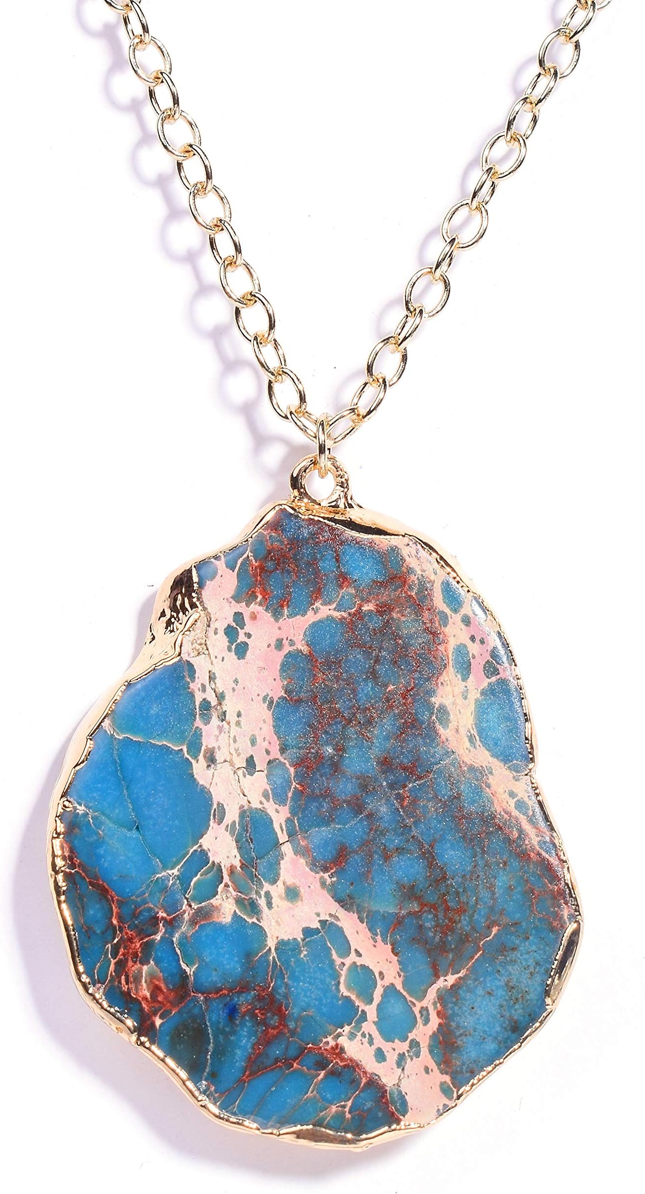 Gempro Natural Raw Turquoise (Firoza) Lucky Gemstone Electroplated Chain Pendant for Women