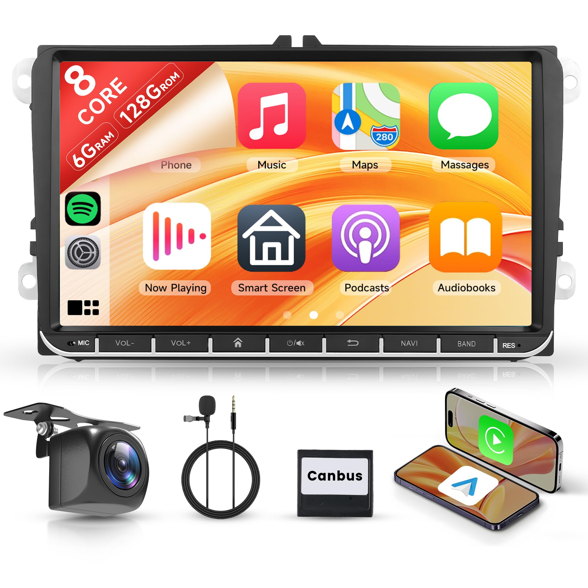 8 Core 6 + 128G 9" Android radio samochodowe do VW Golf 5 6 Passat Polo Tiguan Touran Caddy Skoda Seat z 52-pinowym ISO bezprzewodowy Carplay Android Auto WiFi GPS FM/RDS/DSP sterowanie kierownicą