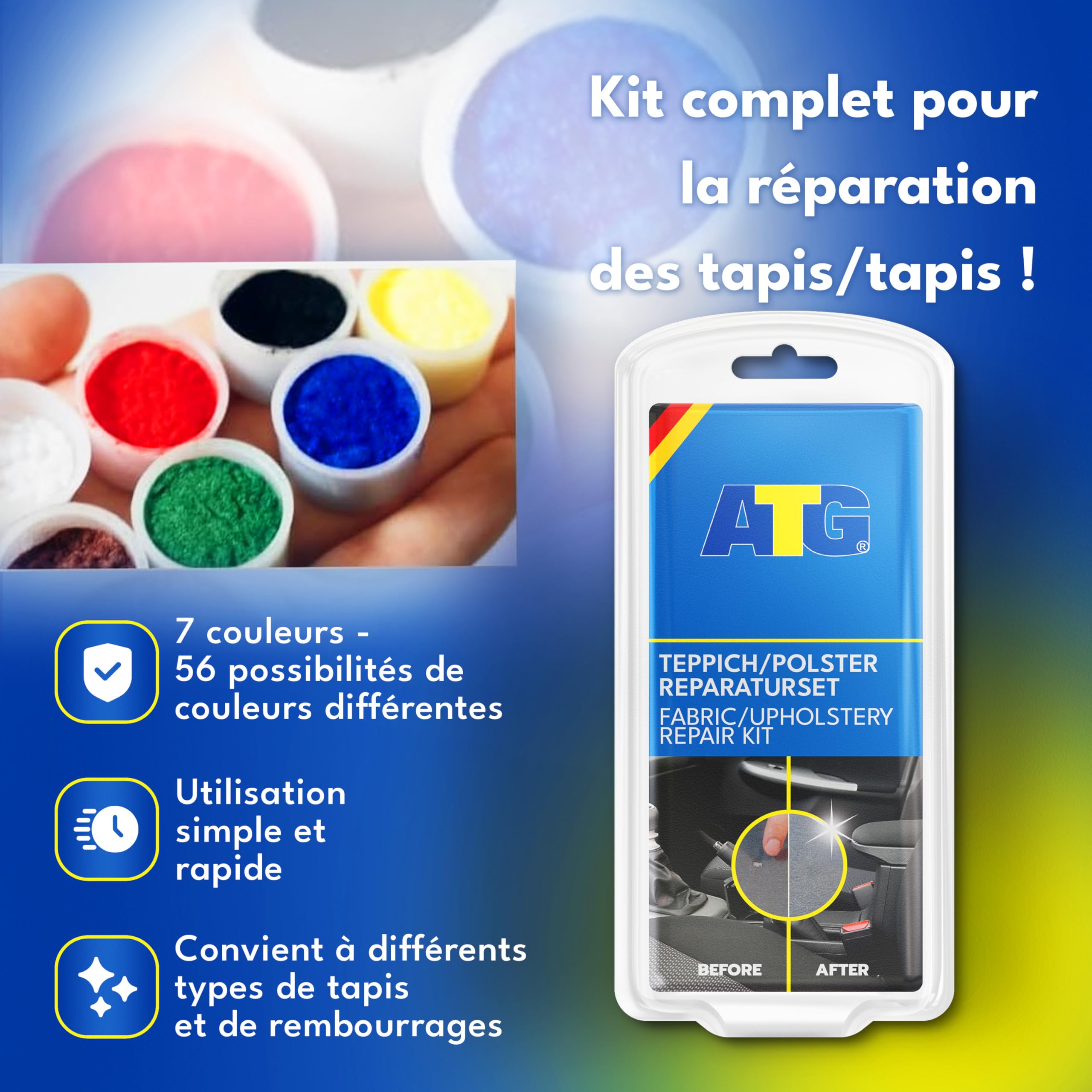 ATG®Kit Réparation Tissu Voiture – Réparation siège Auto, canapé, Sofa et Textiles, Trou Tissu, brûlures et Fissures – Kit réparation Textile intérieur, 13 pièces