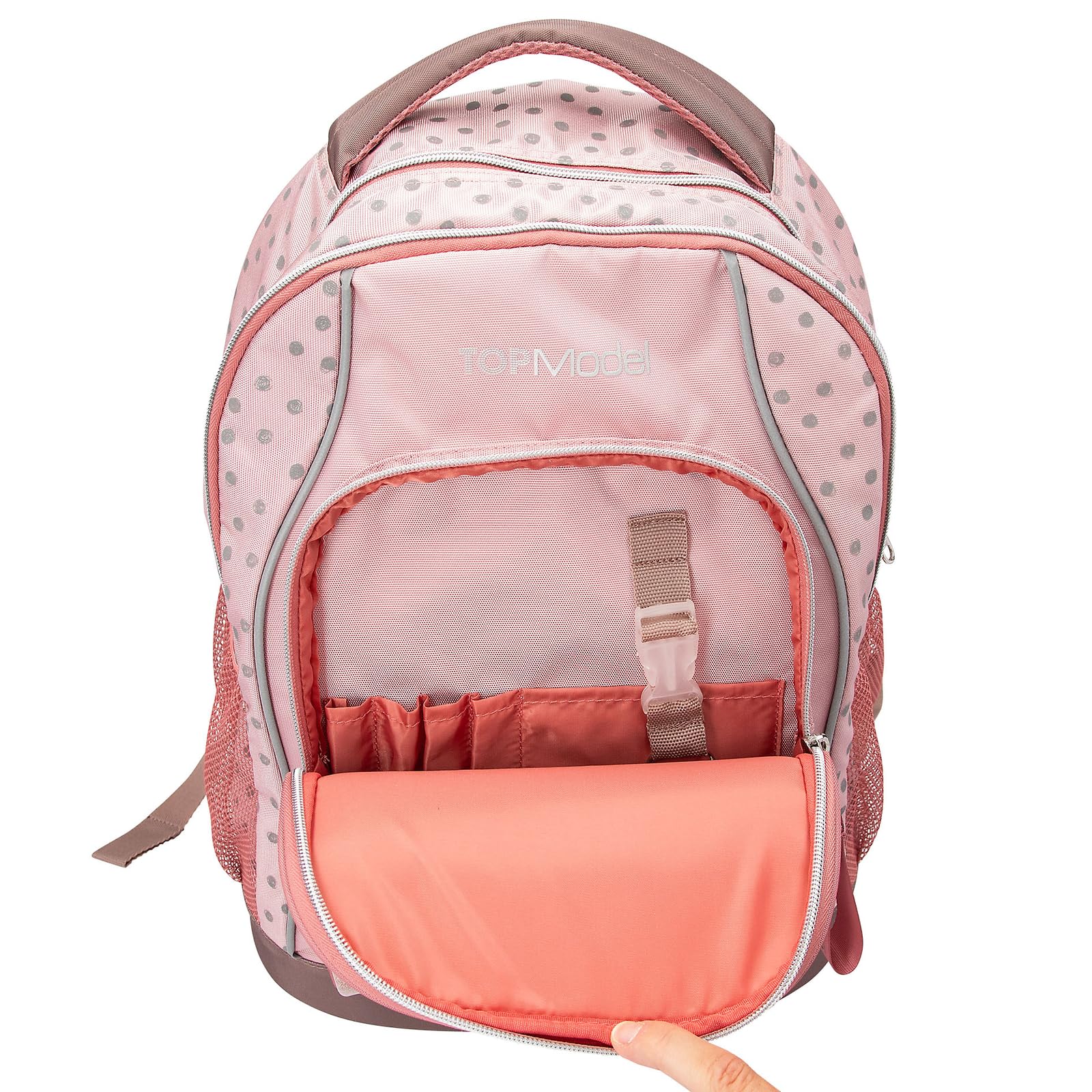 Depesche 14009 TOPModel Dots - Schulrucksack in Rosa, mit Model Motiv, Punkte-Muster und Glitzer, Schultasche mit verstellbaren Trägern