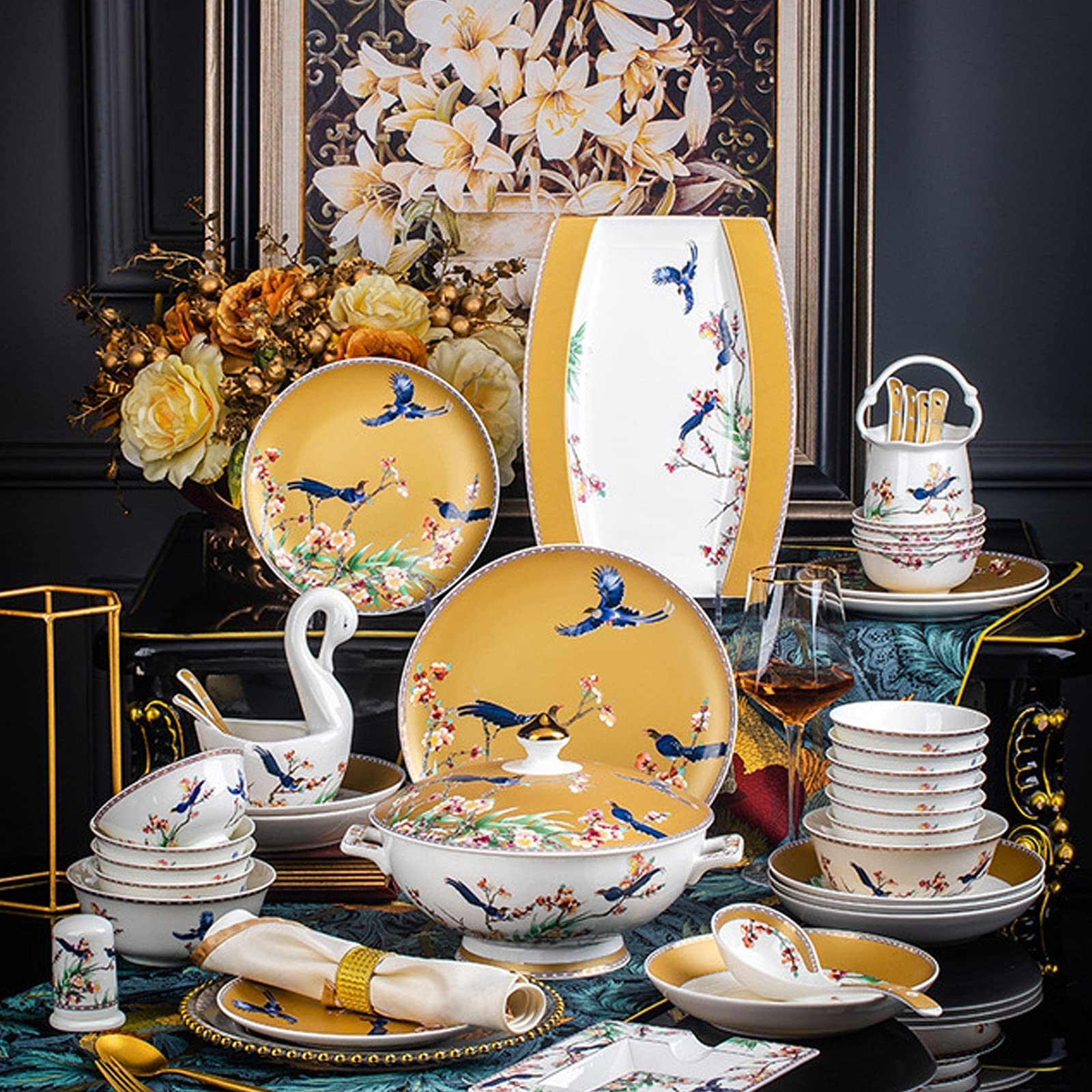 Zestaw Ceramicznych Naczyń Obiadowych W Stylu Retro, Piękny Zestaw Z Porcelany W Kolorze Złotym I Białym, Idealny Na Domowe Przyjęcie, Wesele, Hotel, Boże Narodzenie