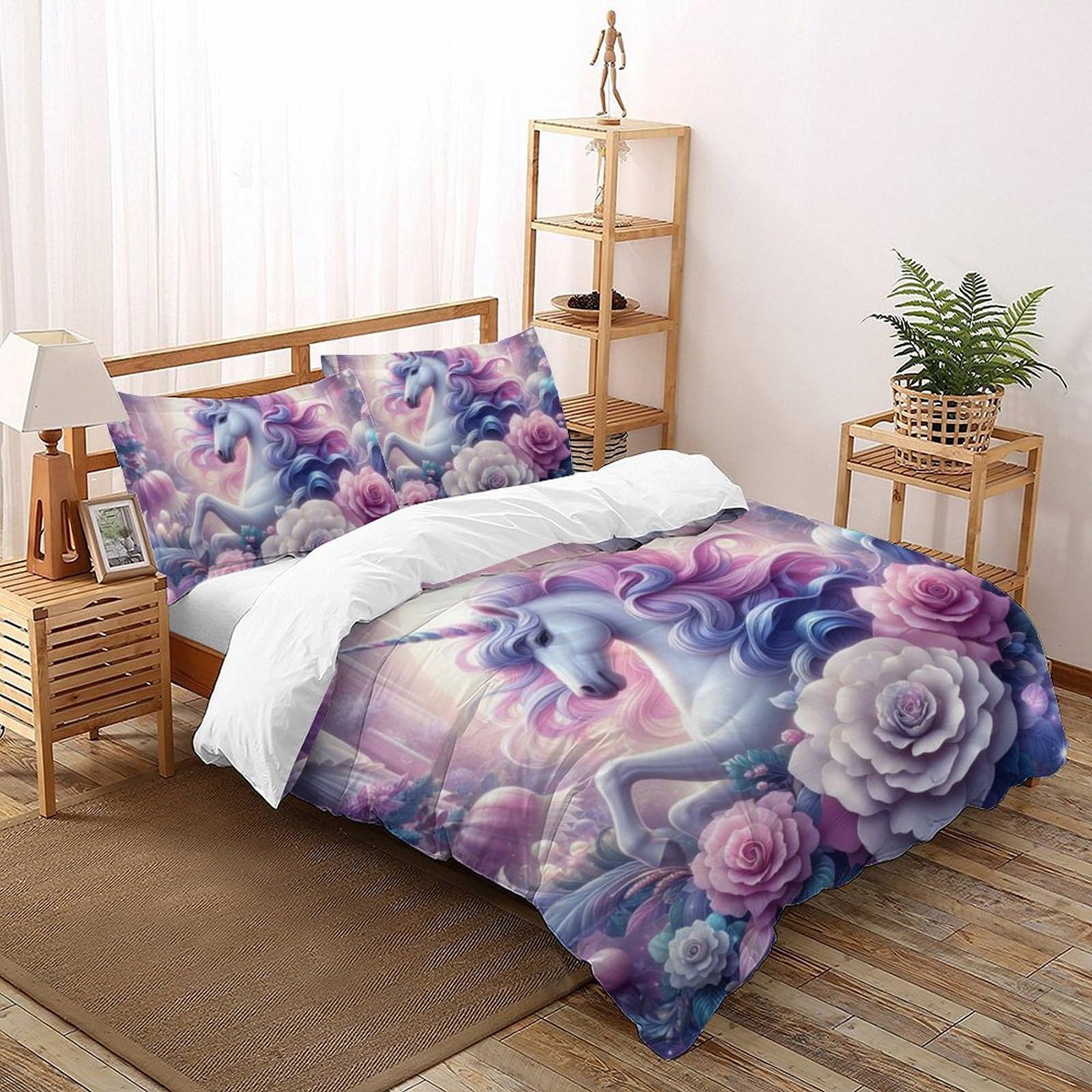Housse de couette 200x200 rose Pegasus microfibre imprimé 3D parure lit double fille animaux