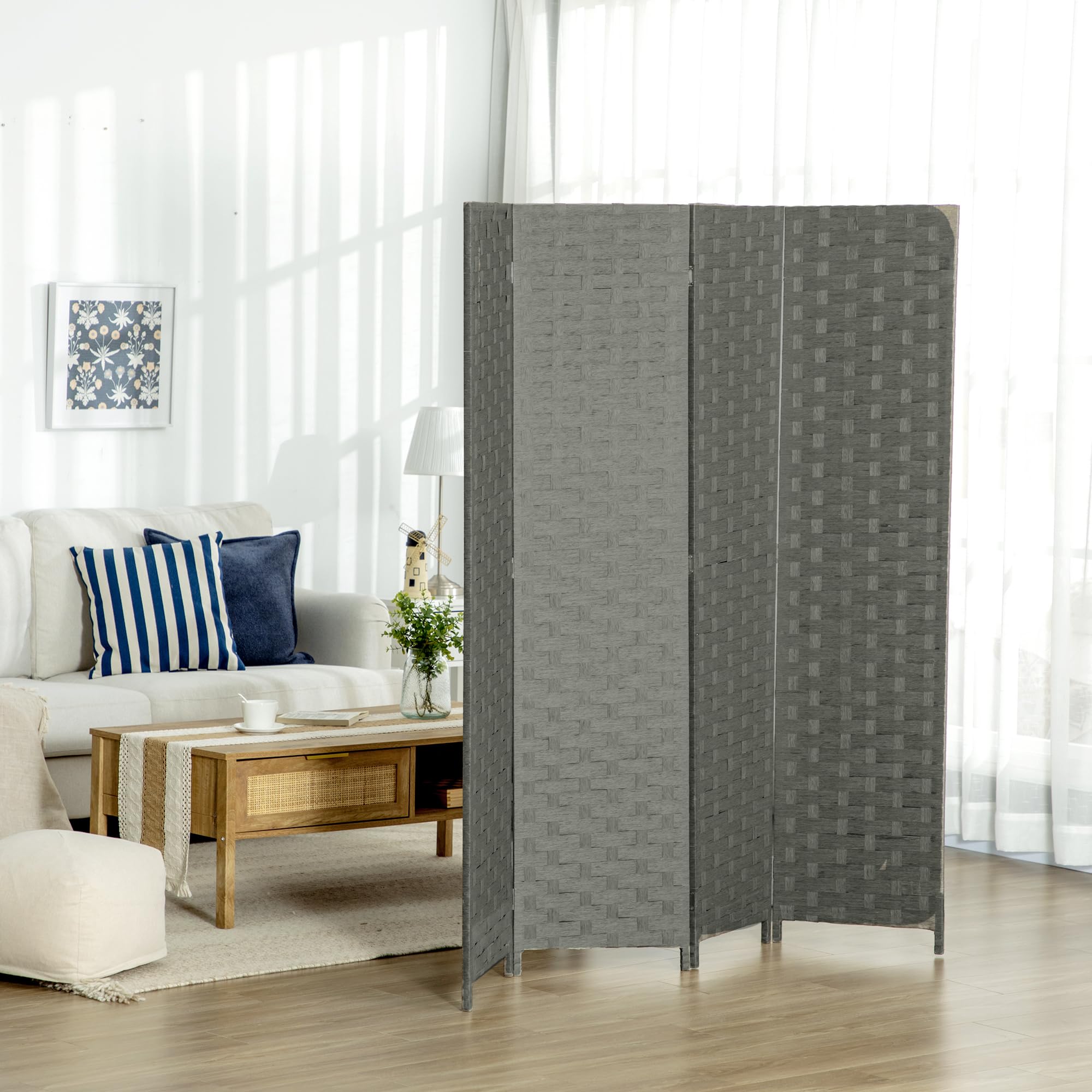 HOMCOM Paravent Intérieur 4 Panneaux 159,5L x 169,5H x 1,6P cm Gris | Séparateur de Pièce, Cloison en Bois