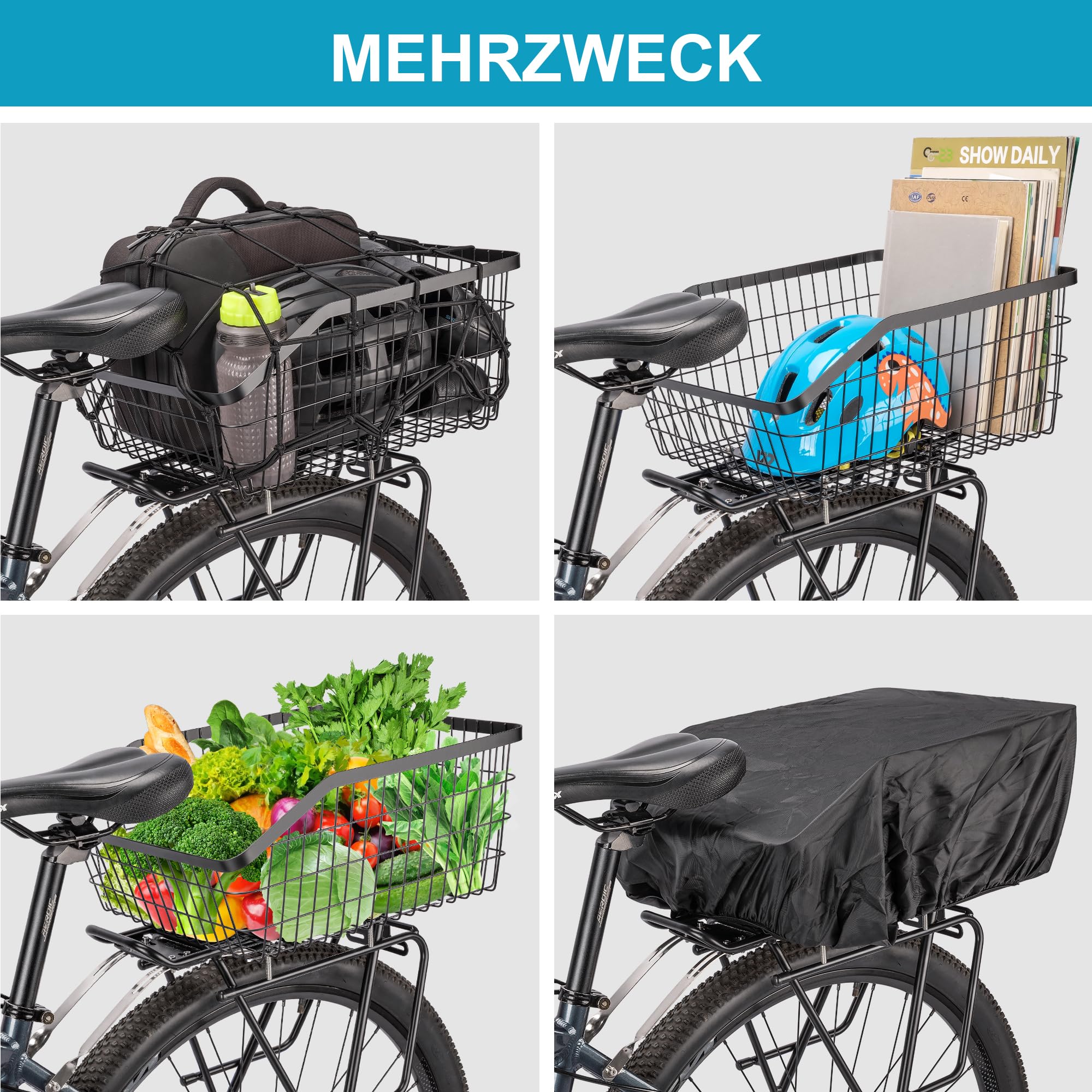 CXWXC Hinterer Fahrradkorb – Fahrradkorb für hinten mit Transportnetz und wasserdichter Abdeckung – E-Bike-Zubehör, Heckkörbe, große Kapazität für Erwachsenenfahrräder