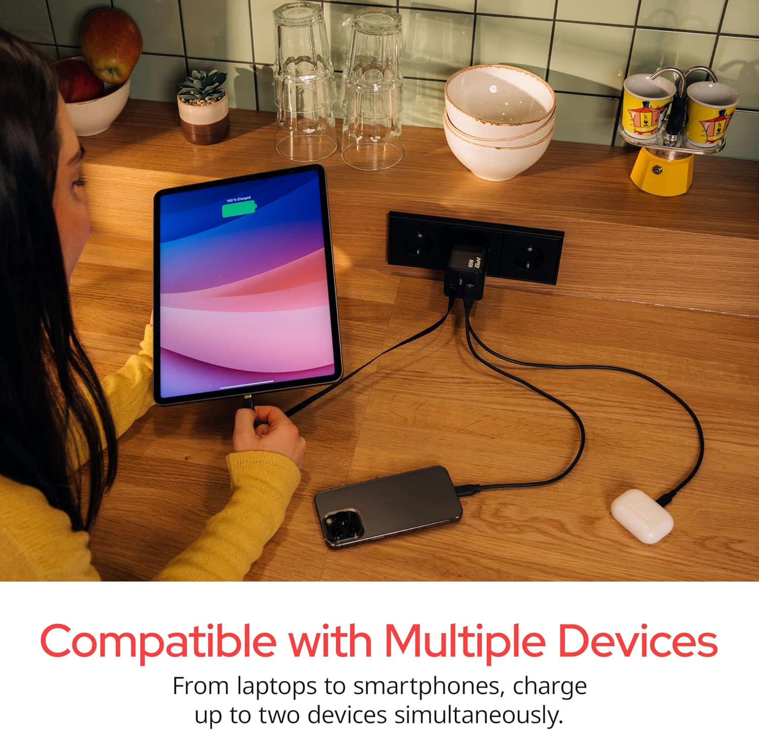 Verbatim GaN Wall Charger 65W Retractable Cable 1x USB-C Ports PD 3.0 (PPS) up to 65W 1x USB-A Port QC 3.0 up to 60W