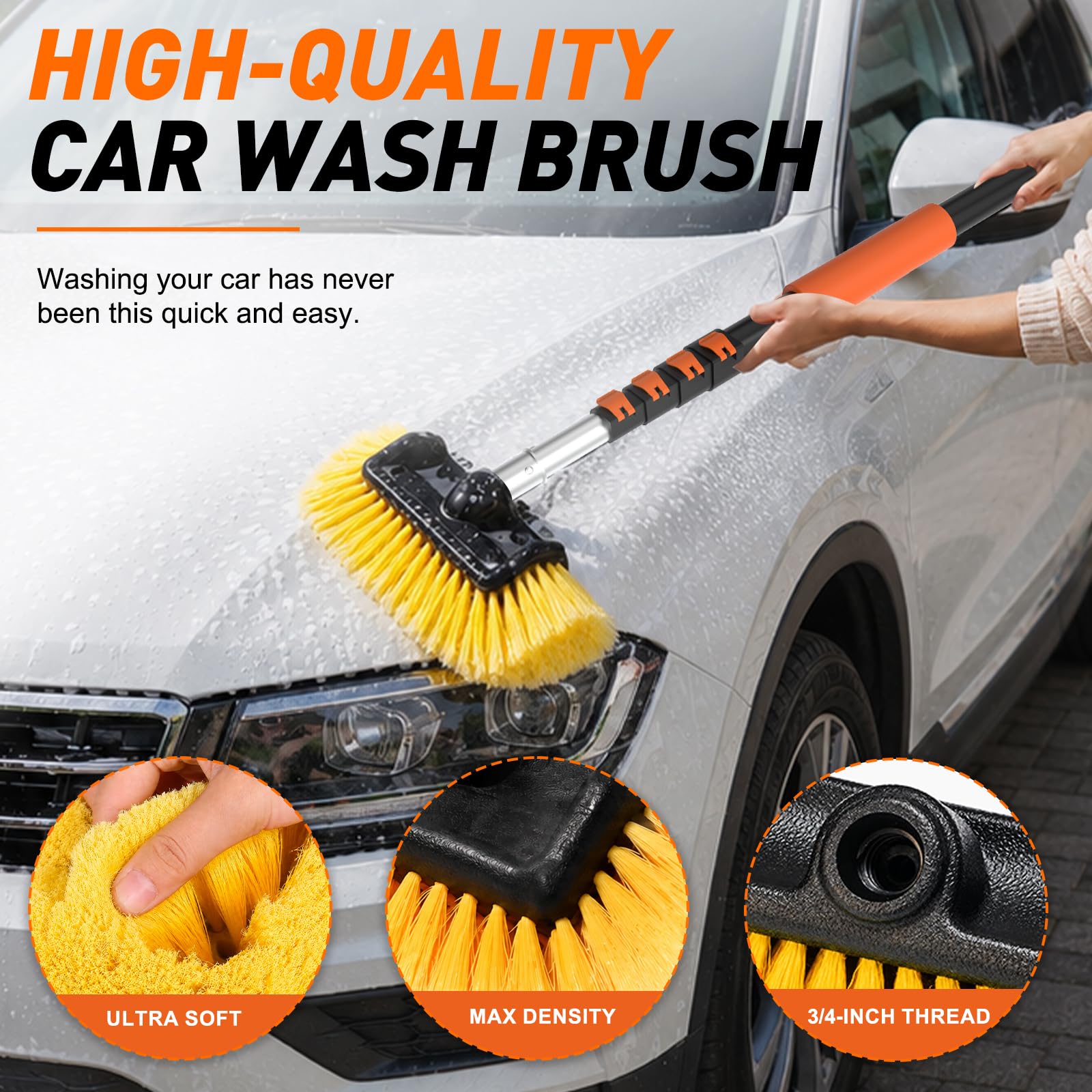 SISUPASSIE Cepillo de lavado de coche, cepillo telescópico de lavado de coche de 16 pies con mango largo, cepillo de limpieza de cerdas suaves de 12 pulgadas para limpiar coches, caravanas, camiones