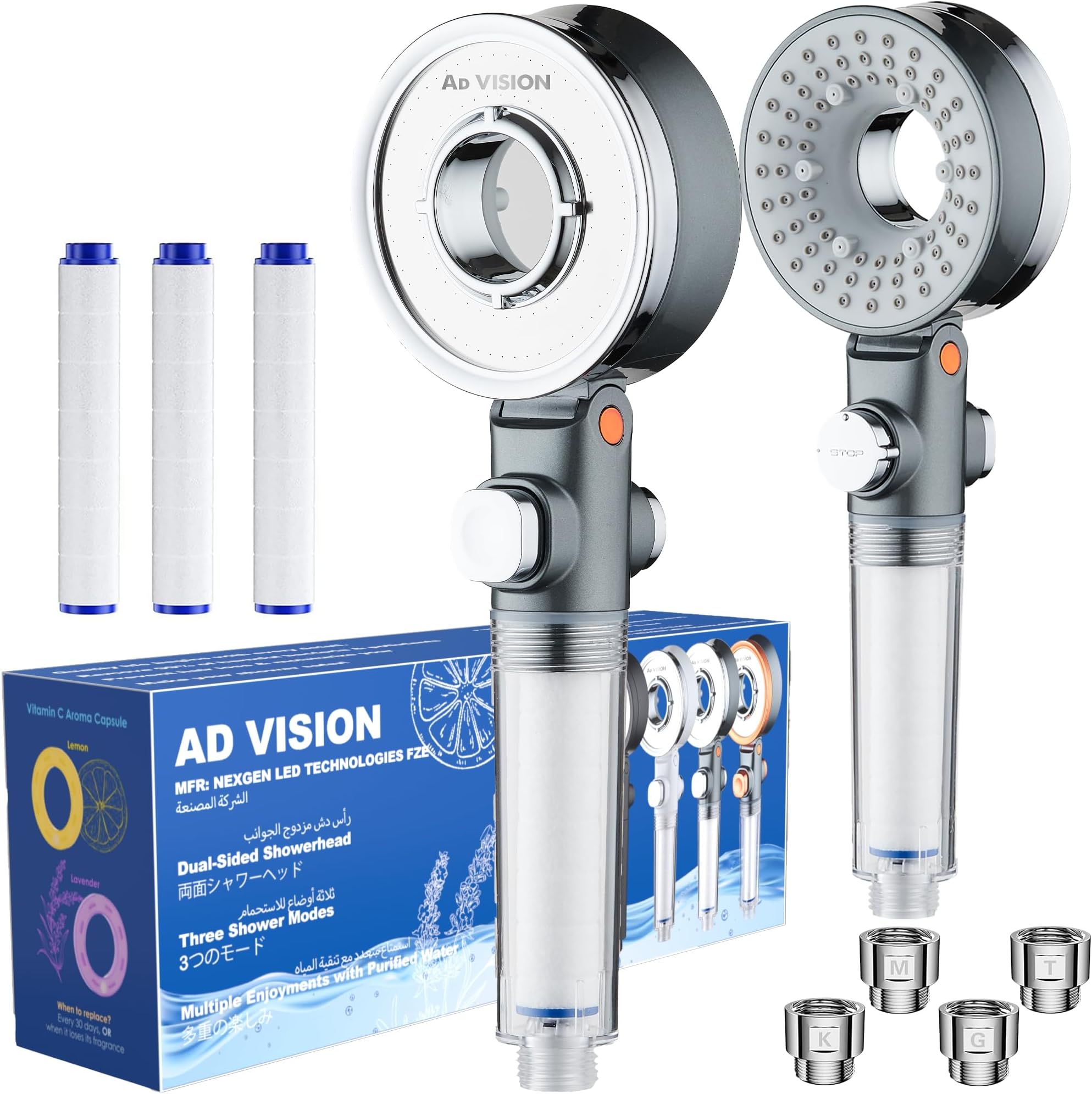 2024 Improved Shower Head, Ultra Fine Nano Water Mist, SGS Certified, High Pressure 80% Water Saving Shower Head, Double Sided, 3 Modes, VC Aromaring SPA for Skin, Double Filter, Chlorine Free Faucet