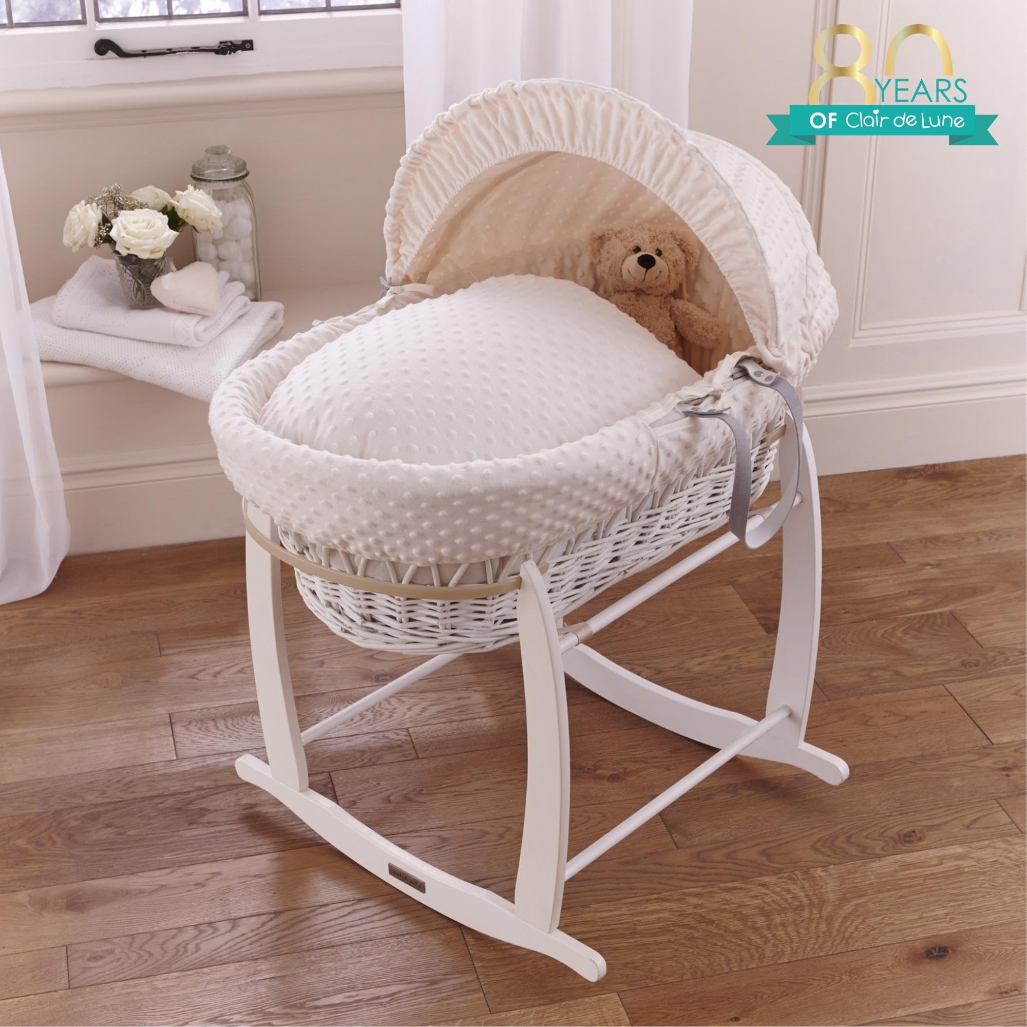 Clair de Lune Dimple - Culla in vimini con biancheria da letto, 68 x 30 cm, colore: panna