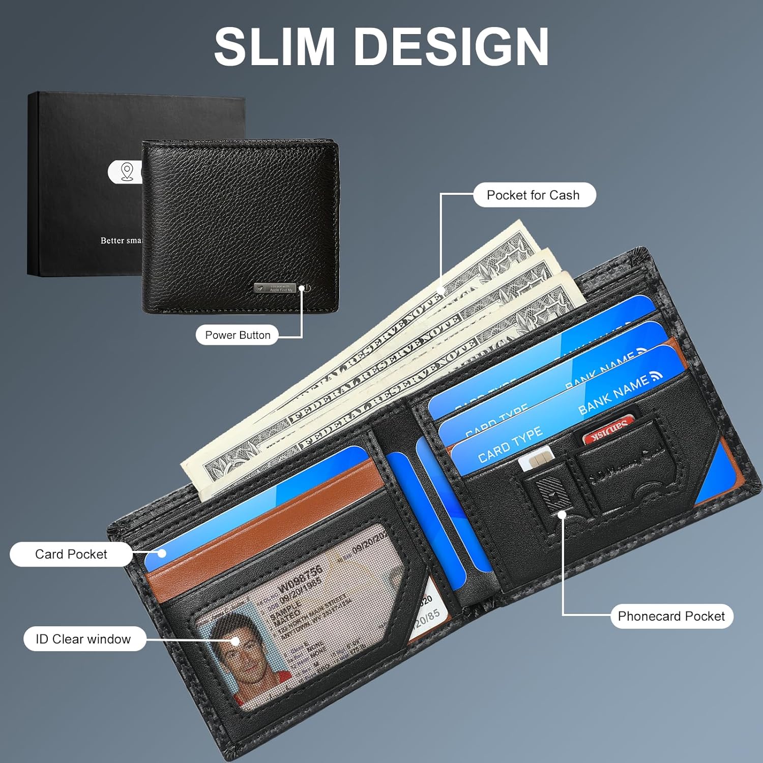 Smart Wallet with Tracker - Leather Mens Wallet Anti Lost Slim Wallet Locator (Black)
