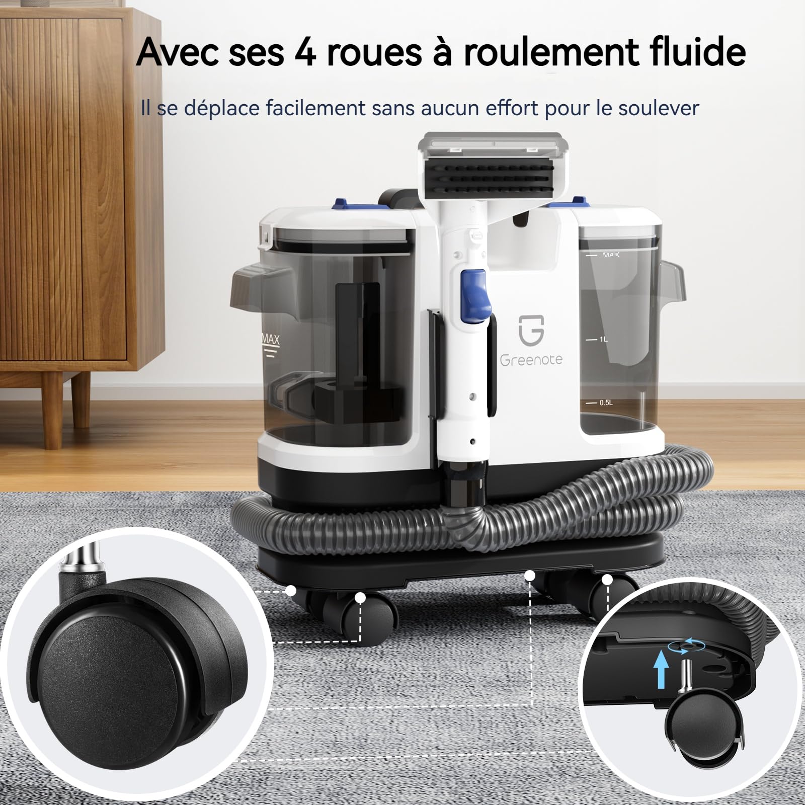Greenote Nettoyeur de Tapis 600W, 4 Roues Pivotantes pour une Maniabilité Exceptionnelle, Rangement Compact, Réservoirs 1,8L/0,8L, Flexible 1,5m et Câble 5m,Nettoyage des canapés et des voitures