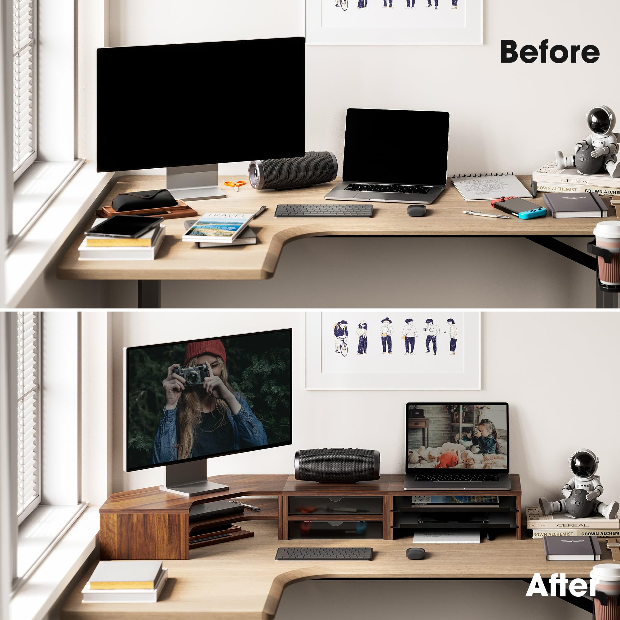 Fenge Monitor Stand 3 en 1, Support Moniteur Bureau, avec Tiroirs, Plateaux, Forme en L, Combinaison Libre, Réhausseur d'Écran, pour Bureau Domicile, PC, Ordinateur Portable, Imprimante, TV (Marron)