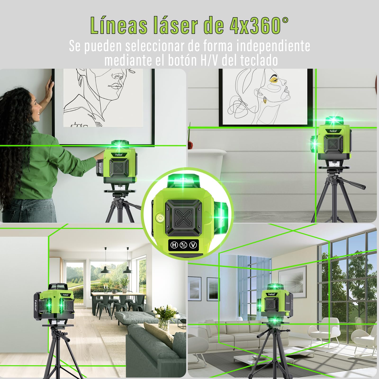 Nivel Láser, FELLAT 4x360° Nivel Laser Autonivelante, Nivel Láser Verde con 2x4800 mAh Batería Recargable, Control Remoto, Soporte Magnético, Estuche acolchado, para Diseño de Mejoras de Hogar