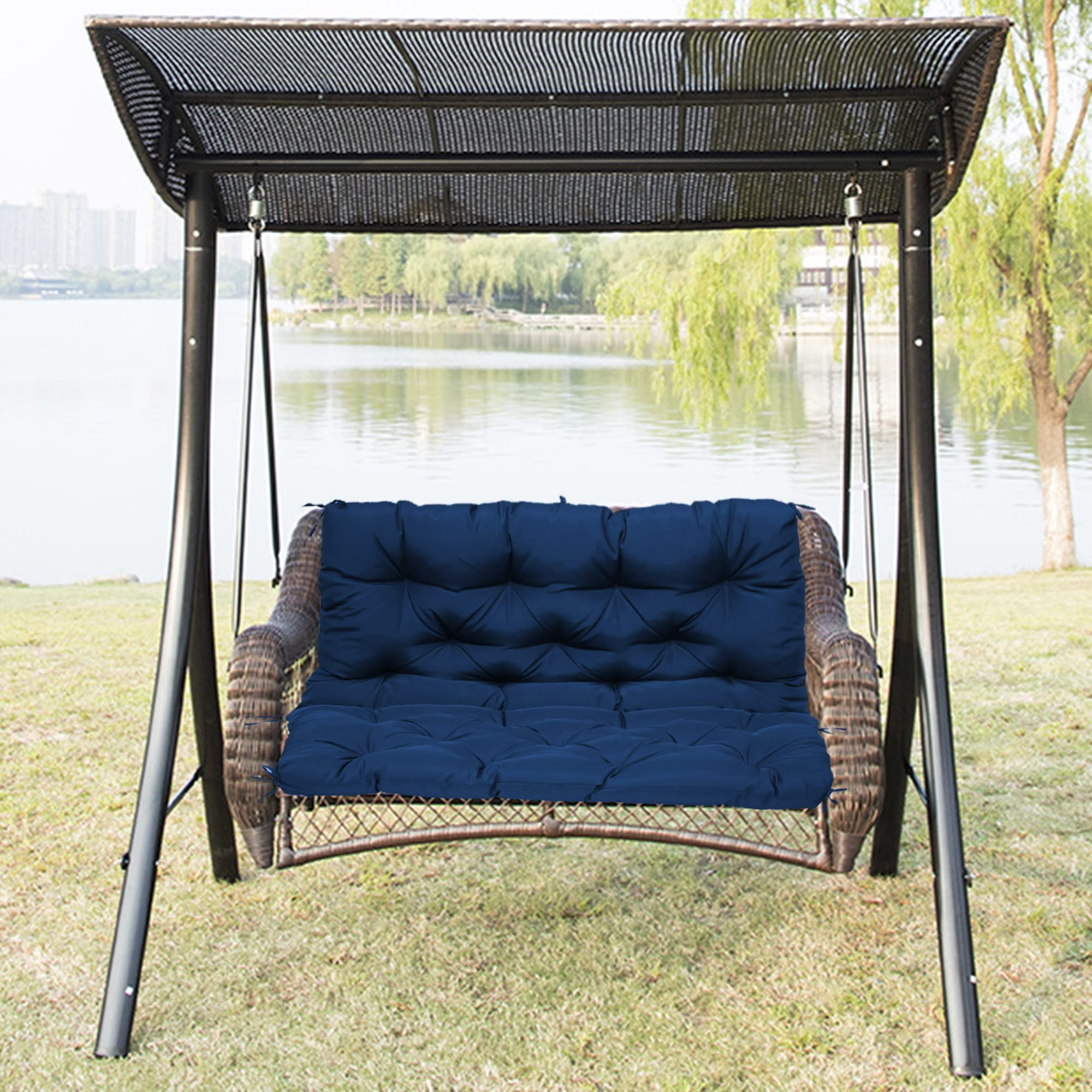 Copricuscino Per Sedia A Dondolo 3 Posti - Taffettà Poliestere Impermeabile Grigio - Foto 3